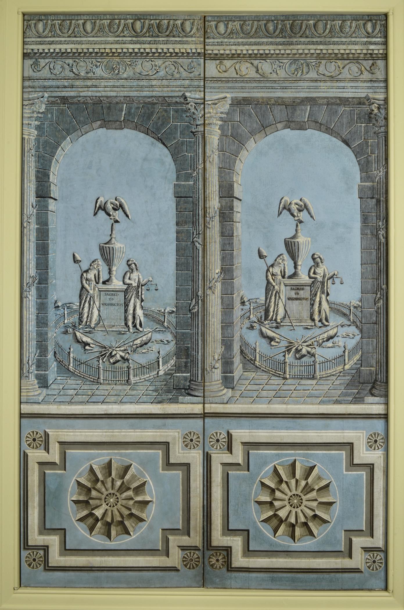 1964.1788 A, B, Wall covering, view 1, Bulfinch Stair Hall 2013