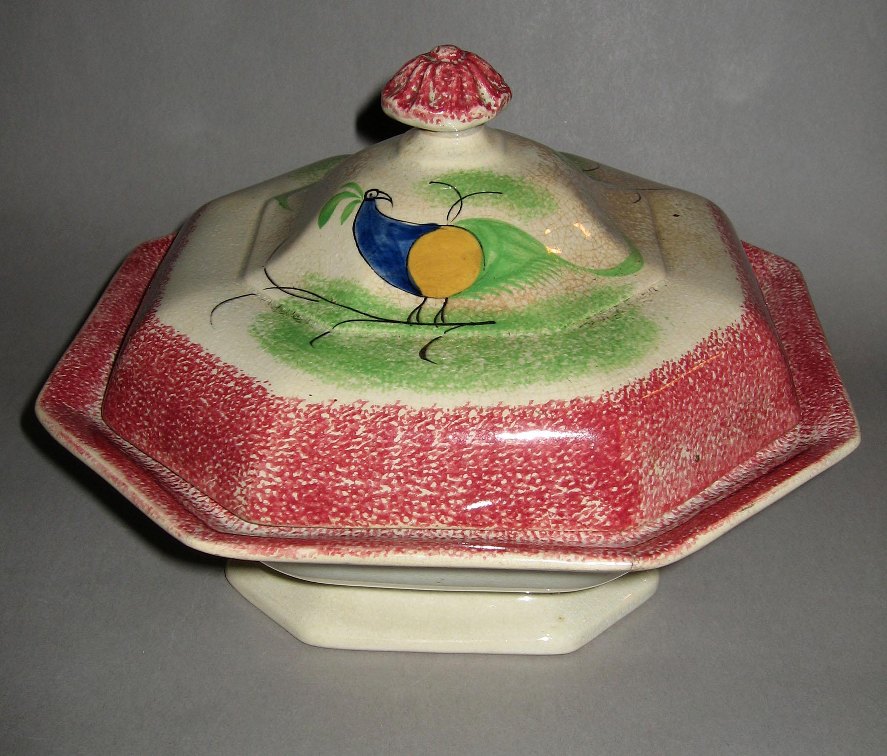 1965.0839.002 A, B Pink spatterware peafowl dish