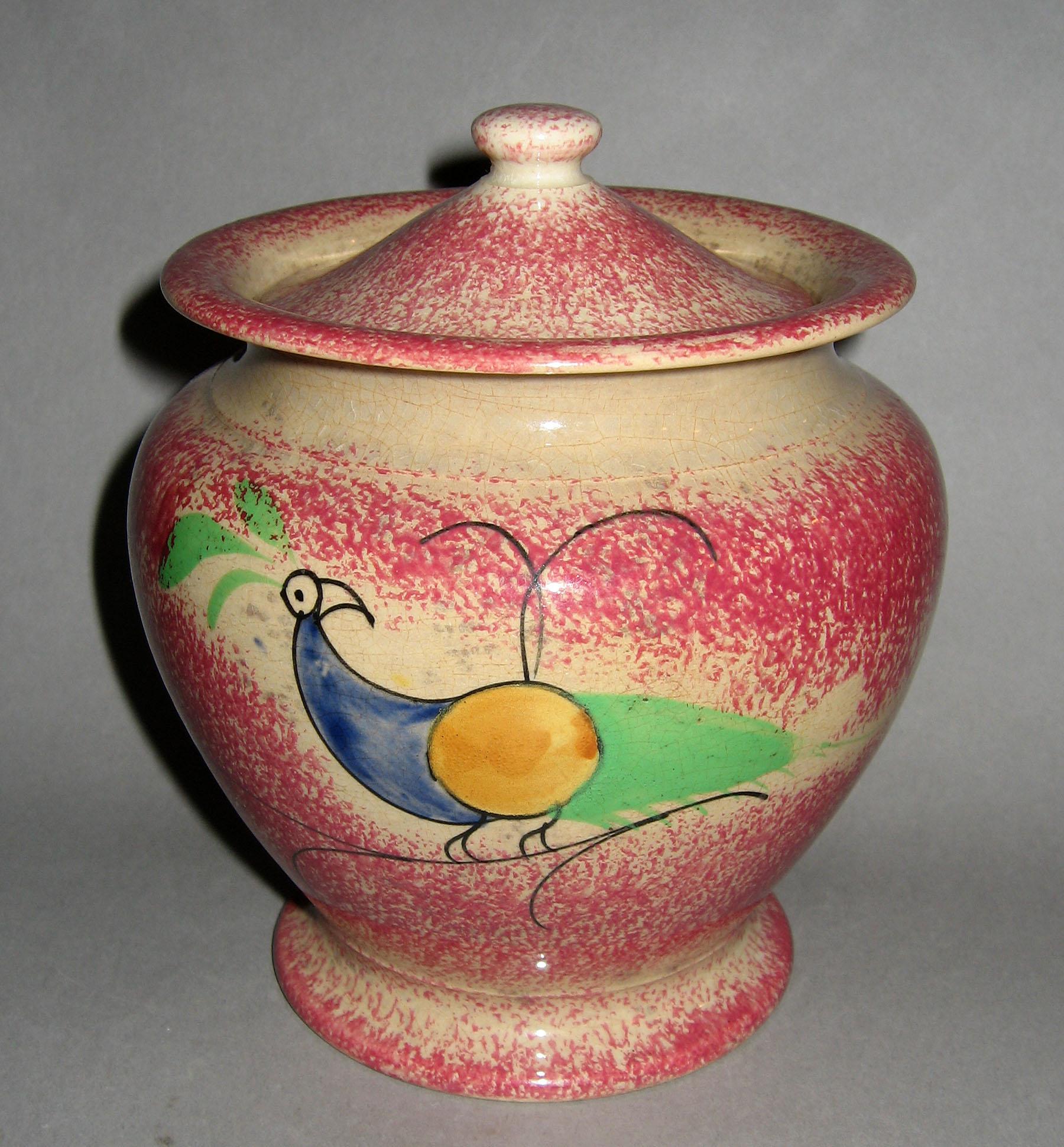 1965.0840.001 A, B Pink spatterware peafowl sugar bowl