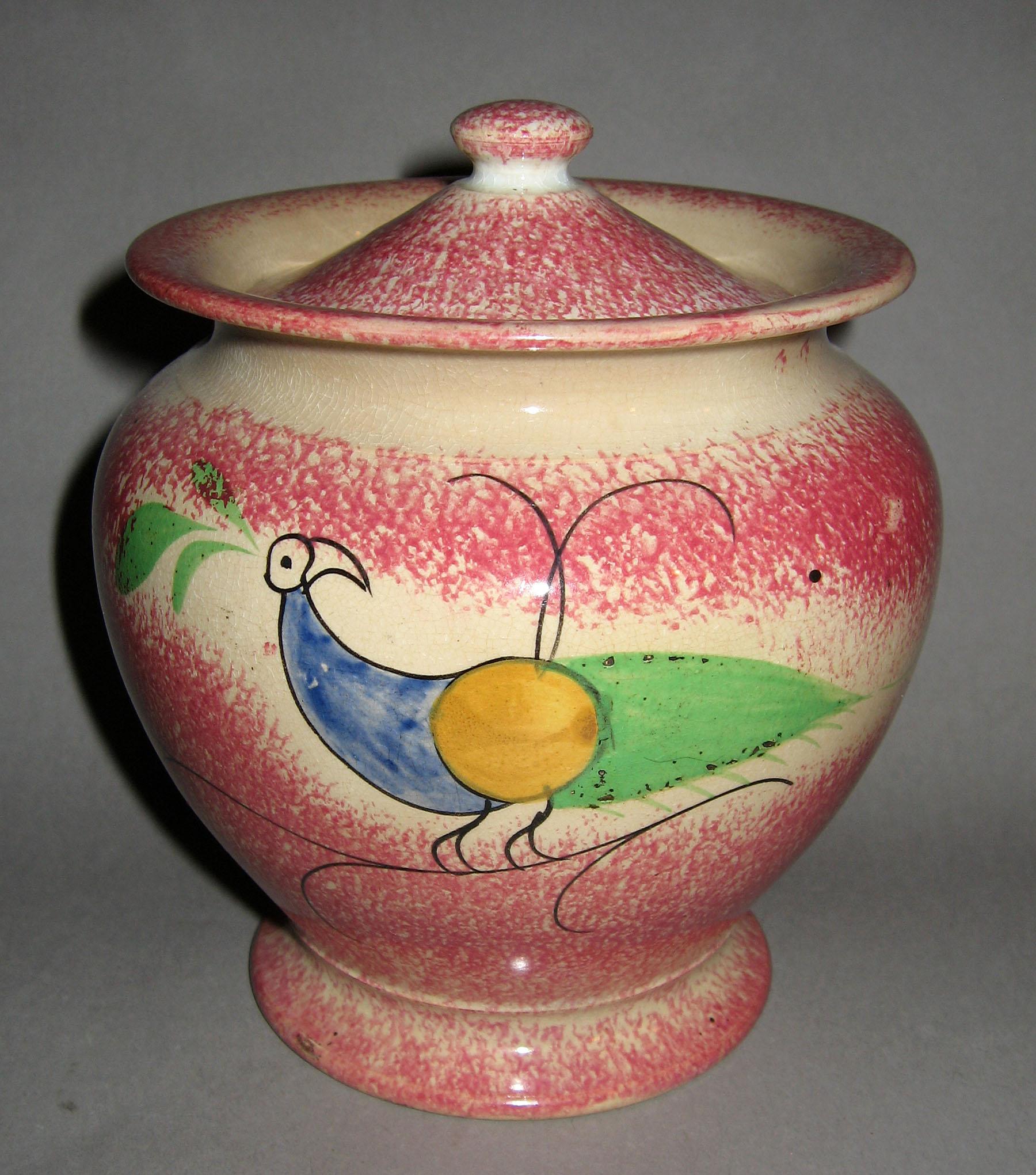 1965.0840.002 A, B Pink spatterware peafowl sugar bowl