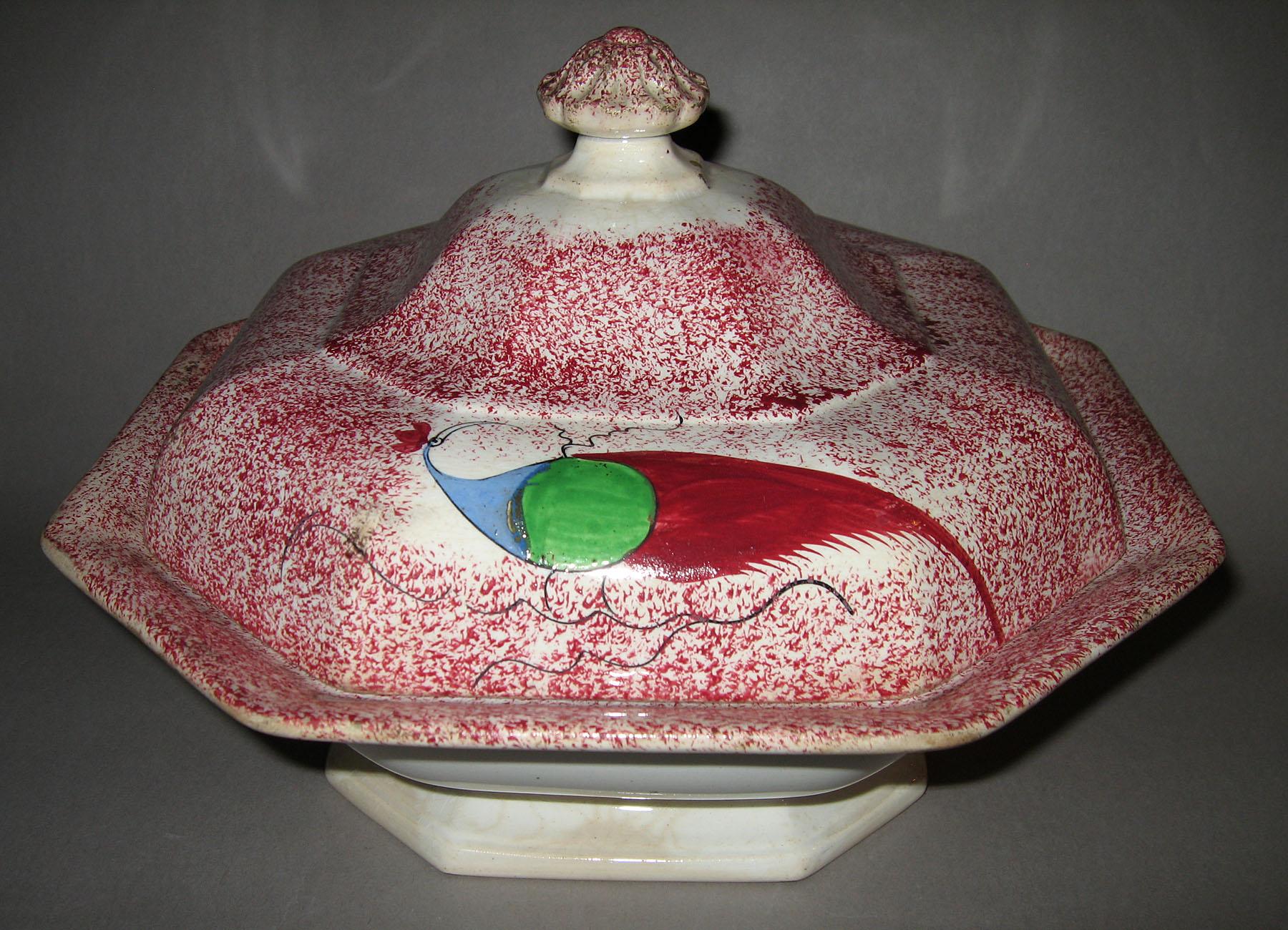 1965.0892.001 A, B Pink spatterware Adams peafowl dish