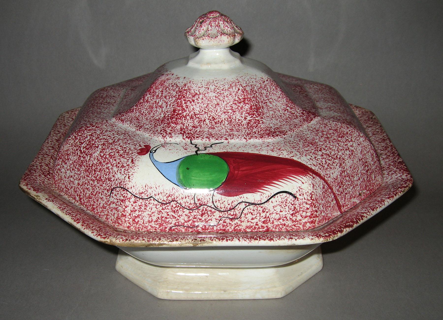 1965.0892.002 A, B Pink spatterware Adams peafowl dish