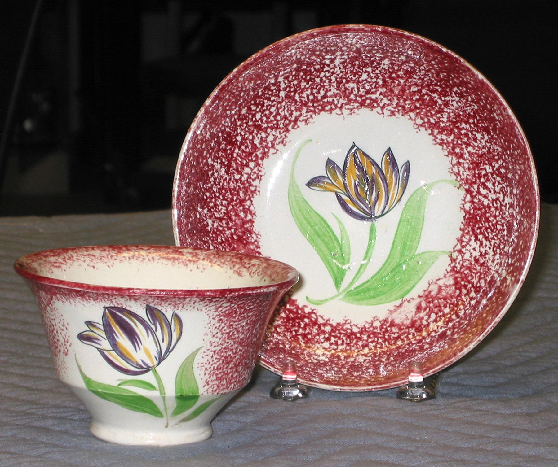 1965.0937.012, 1965.0937.003 Spatterware teabowl & saucer