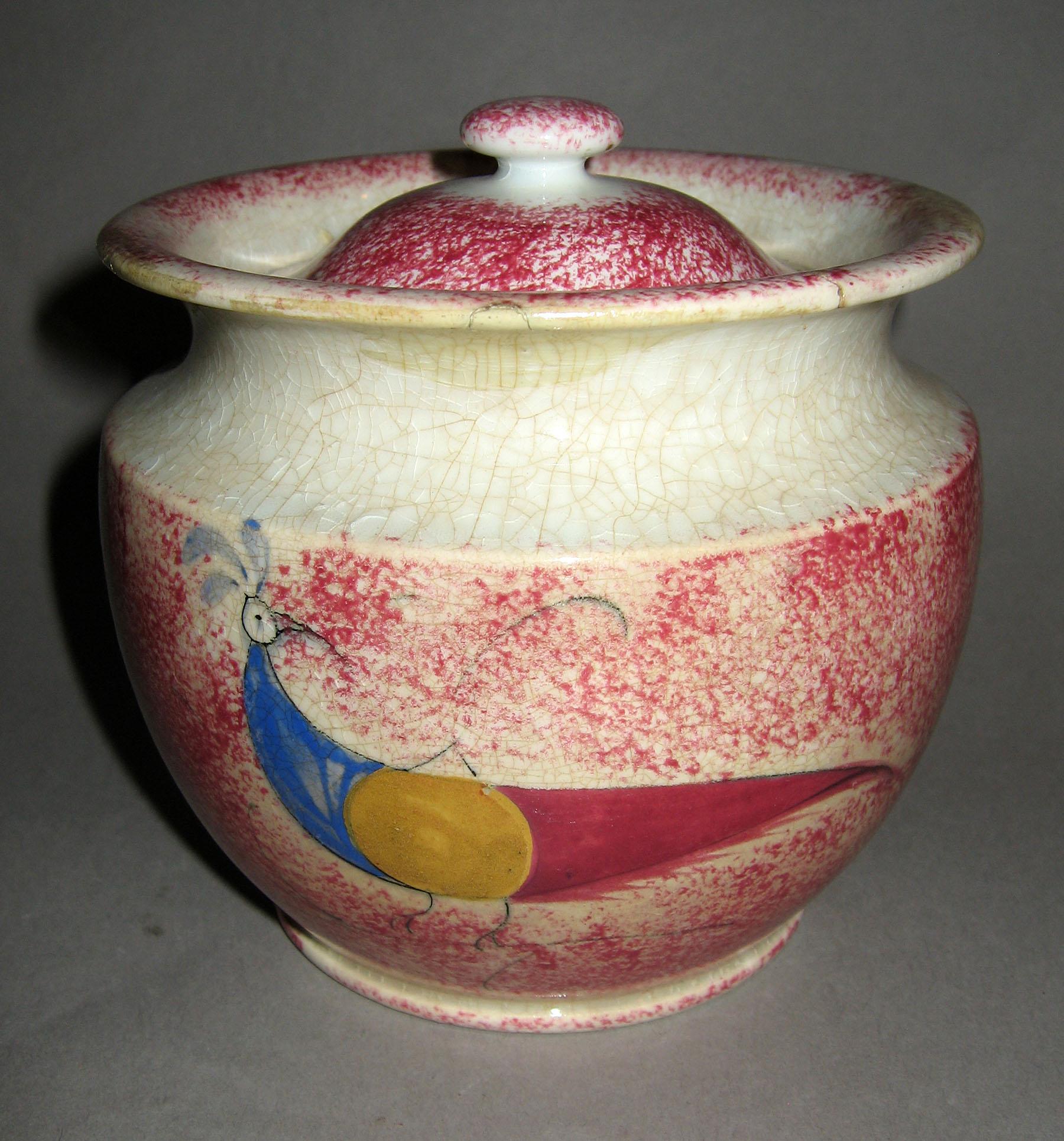 1965.0980 A, B Pink spatterware peafowl sugar bowl