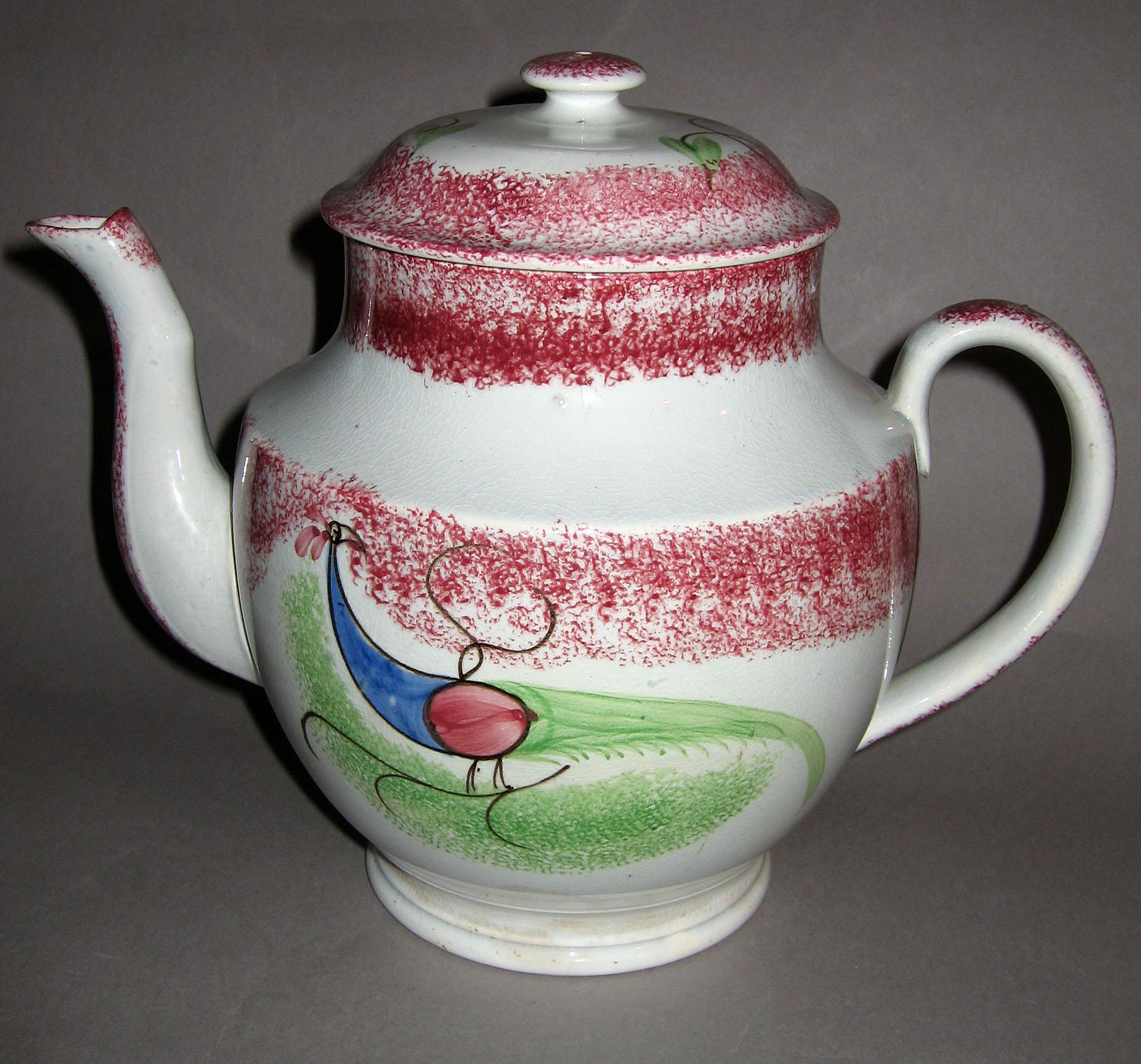 1965.0999 A, B Pink spatterware peafowl teapot