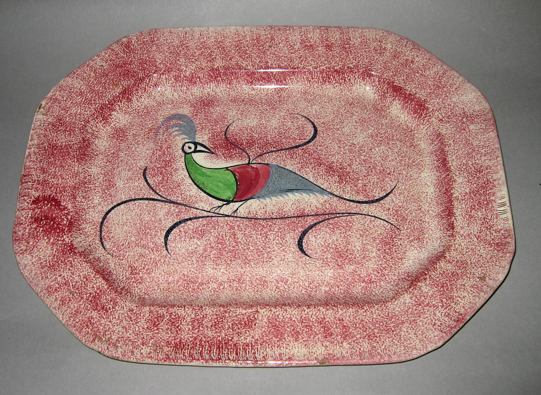 1965.1005 Pink spatterware peafowl soup dish