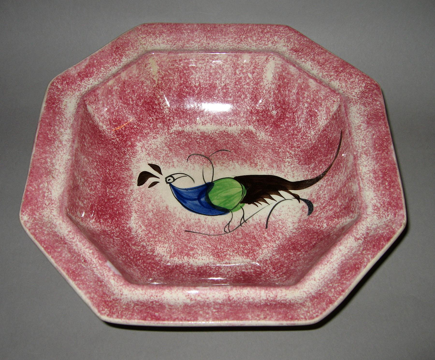1965.1008 Pink spatterware peafowl pattern dish