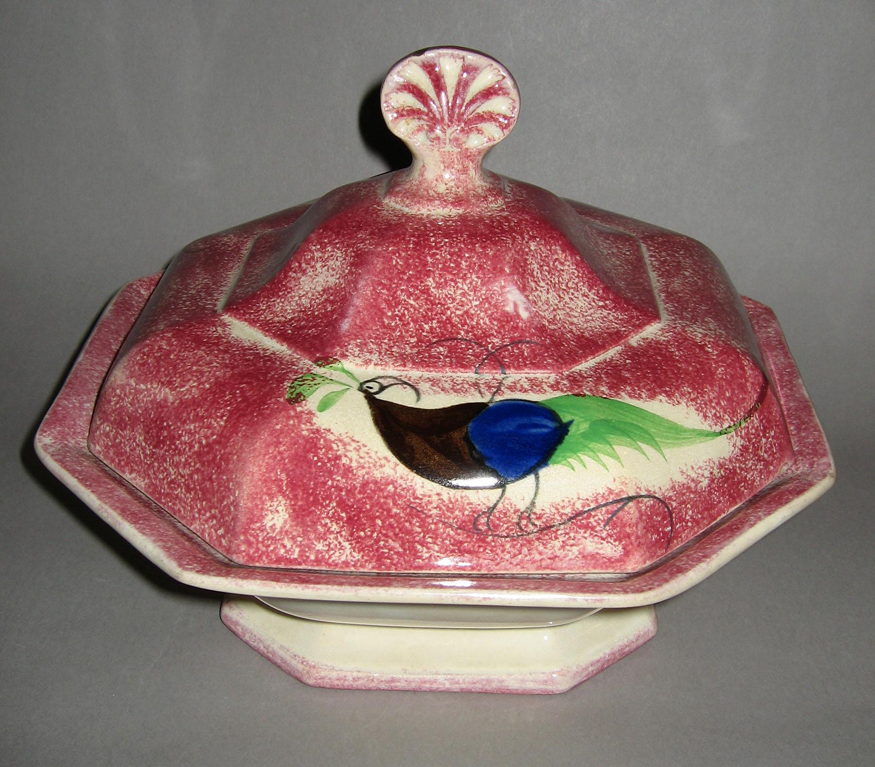 1965.1008 and 1009 Pink spattterware peafowl dish and cover