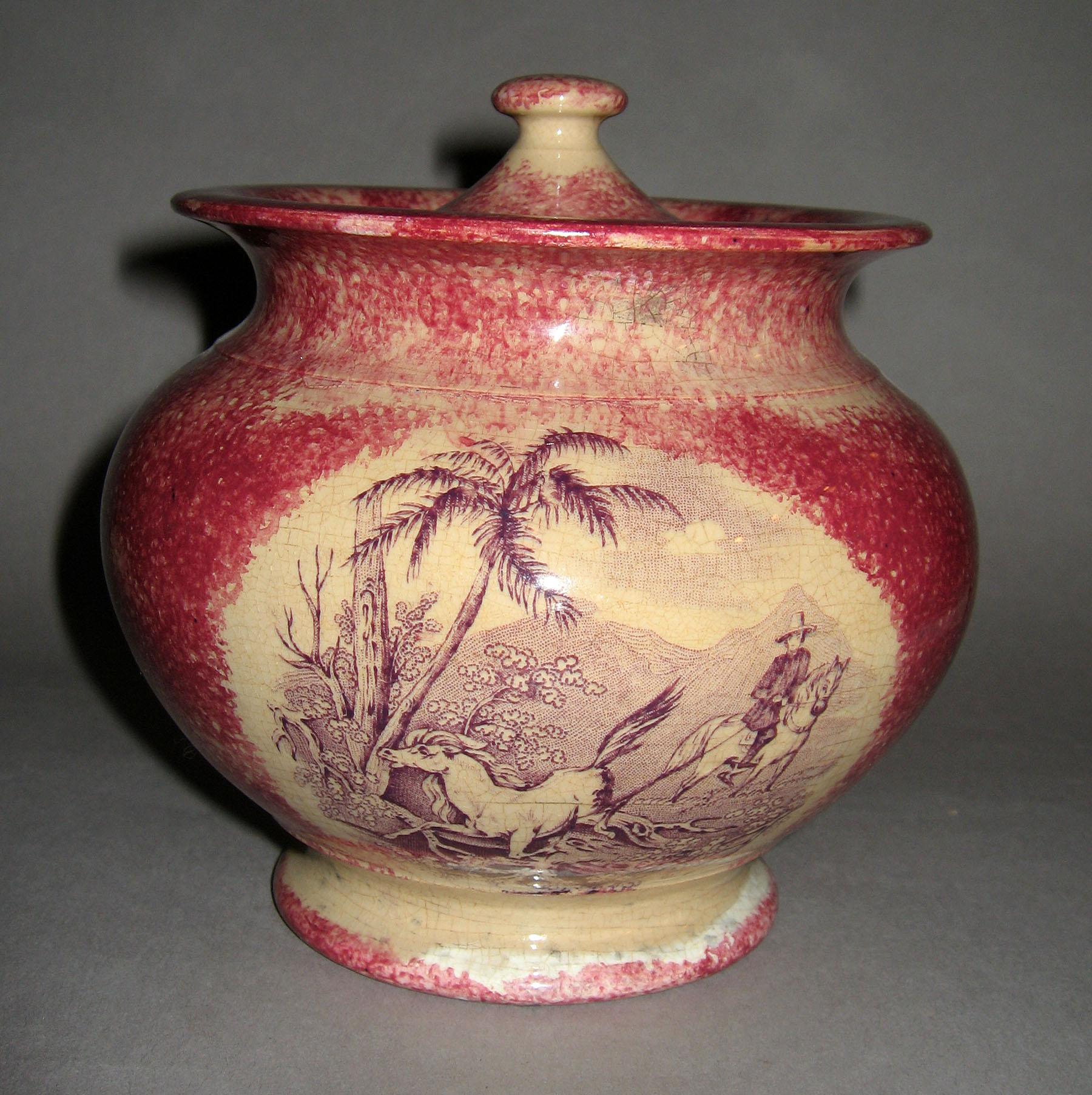 1965.1135 A, B Pink spatterware and printed sugar bowl