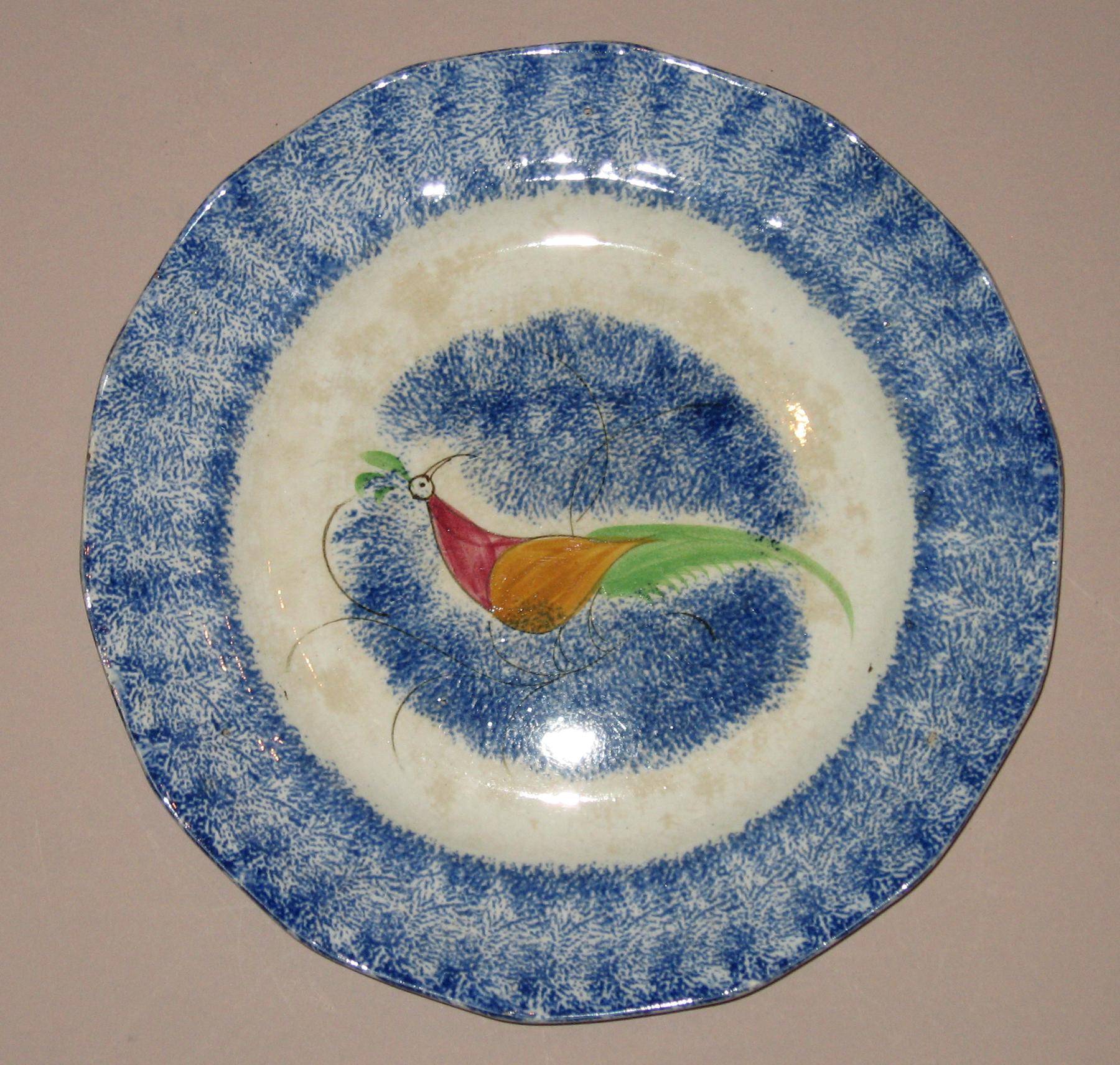 1956.1179.002 Peafowl blue spatterware plate