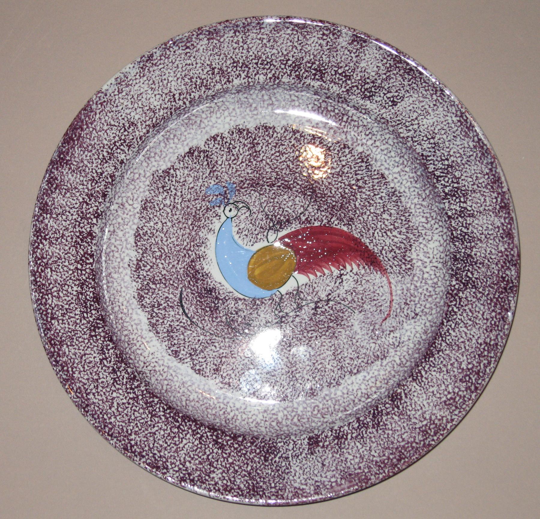 1956.1180.002  Peafowl purple spatterware plate