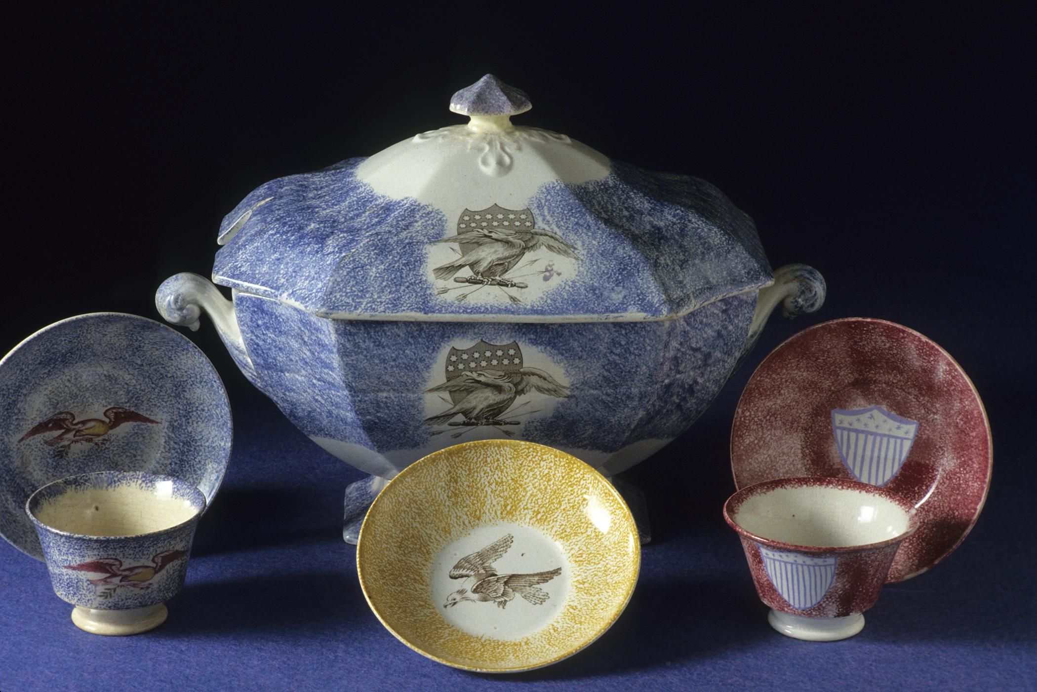 1965.1190.001 Saucer, 1965.1190.003 Teabowl, 1965.0874 A, B Tureen, 1965.0911 B Saucer, 1965.1185.005 Teabowl, 1965.1185.007 Saucer