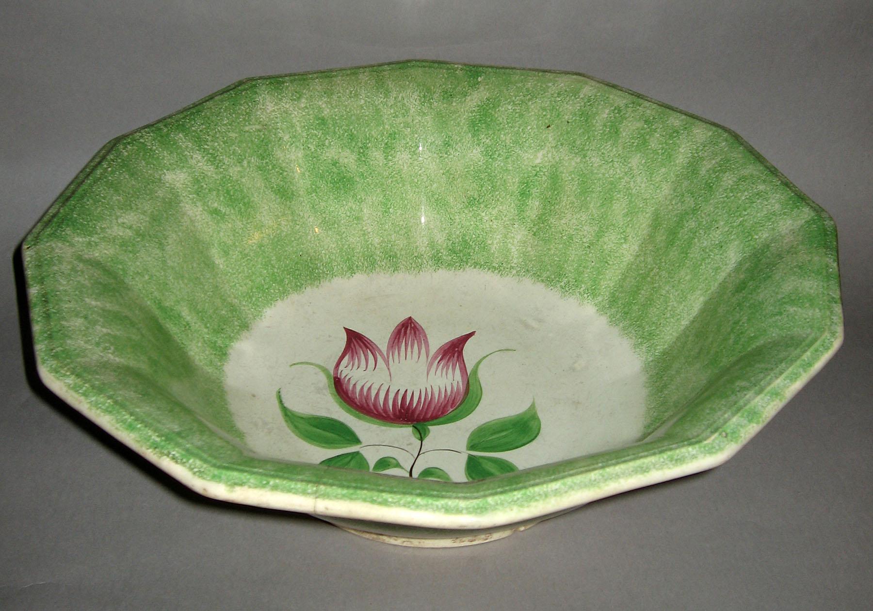 1965.1202 Green spatterware tulip pattern bowl