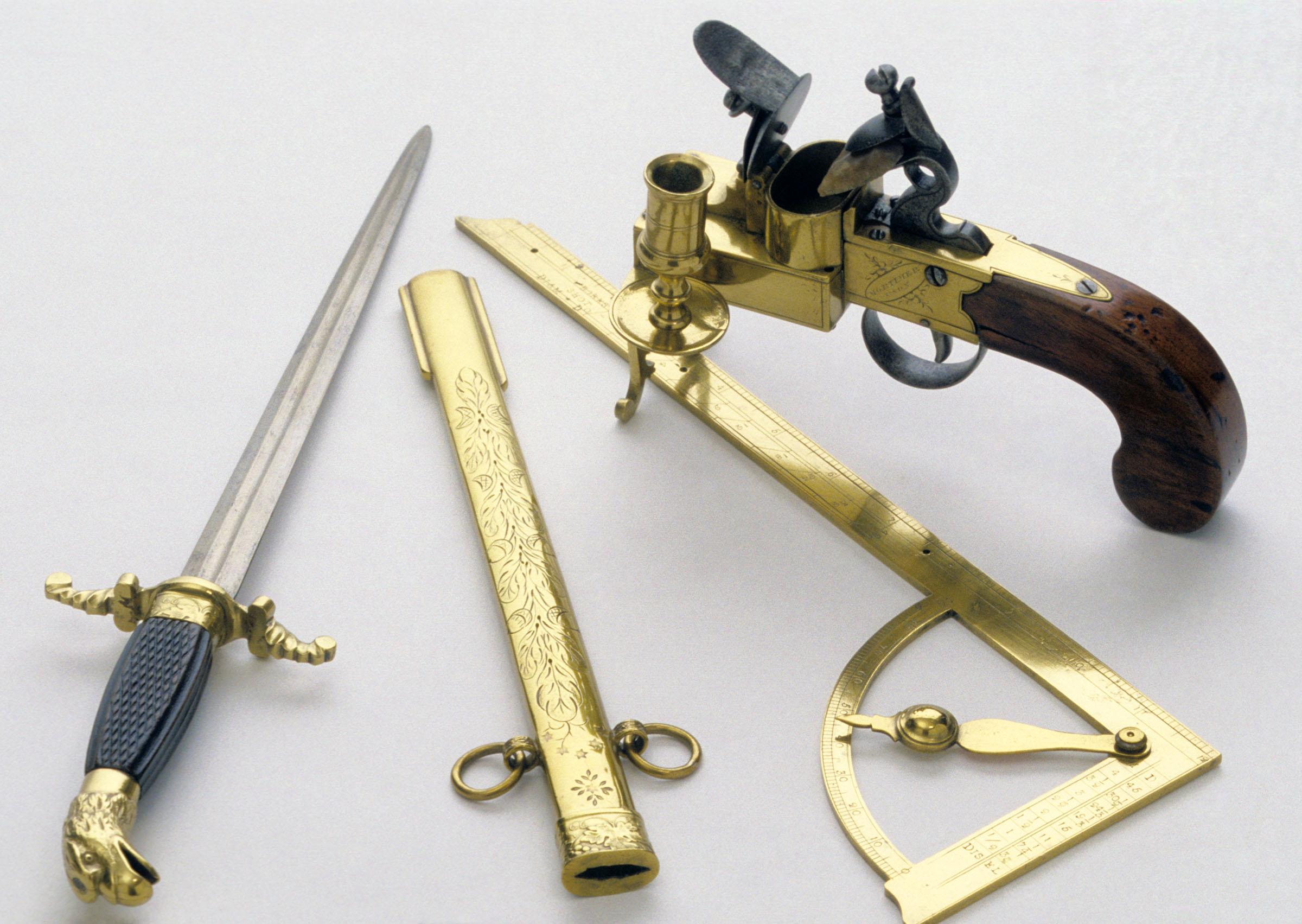 1955.0096.004.002 A, B, 1959.2864 Dirk, Sword, Scabbard, Pistol tinderbox, Lighter, view 1