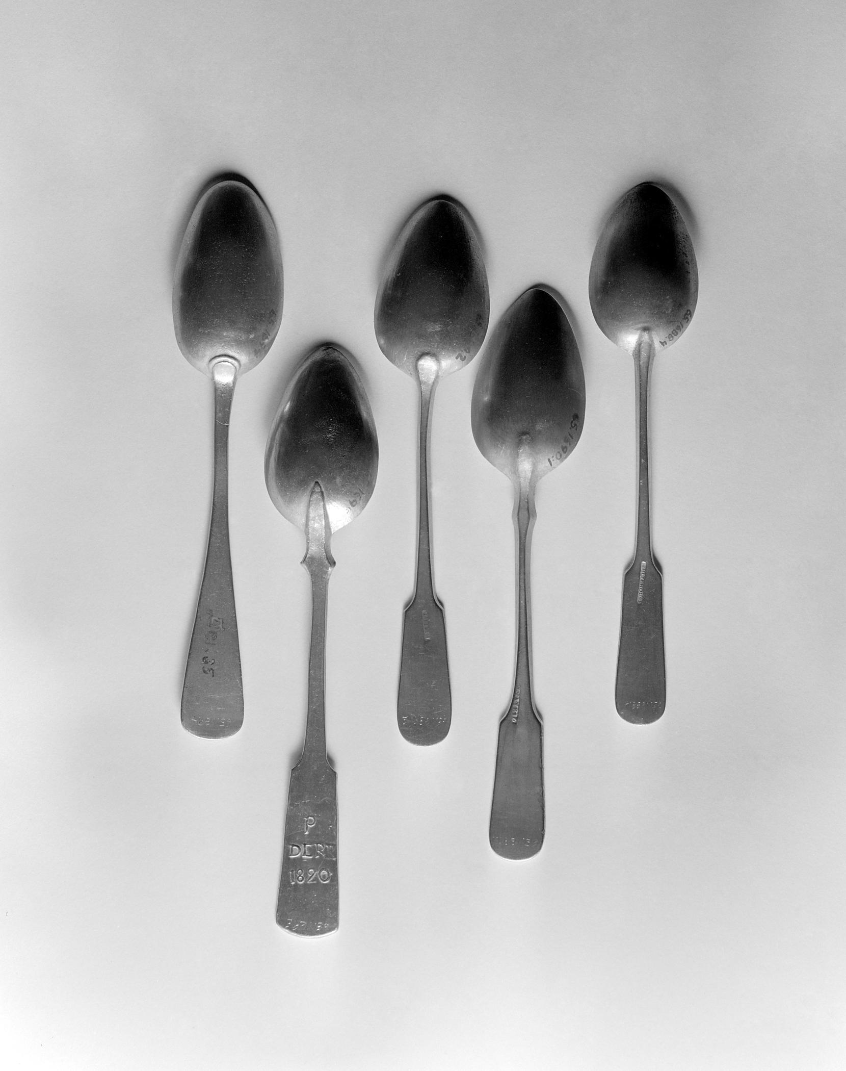 1965.1694, .1695, .1689.002, .1690.001, .1688.004 Pewter spoons (reverse)