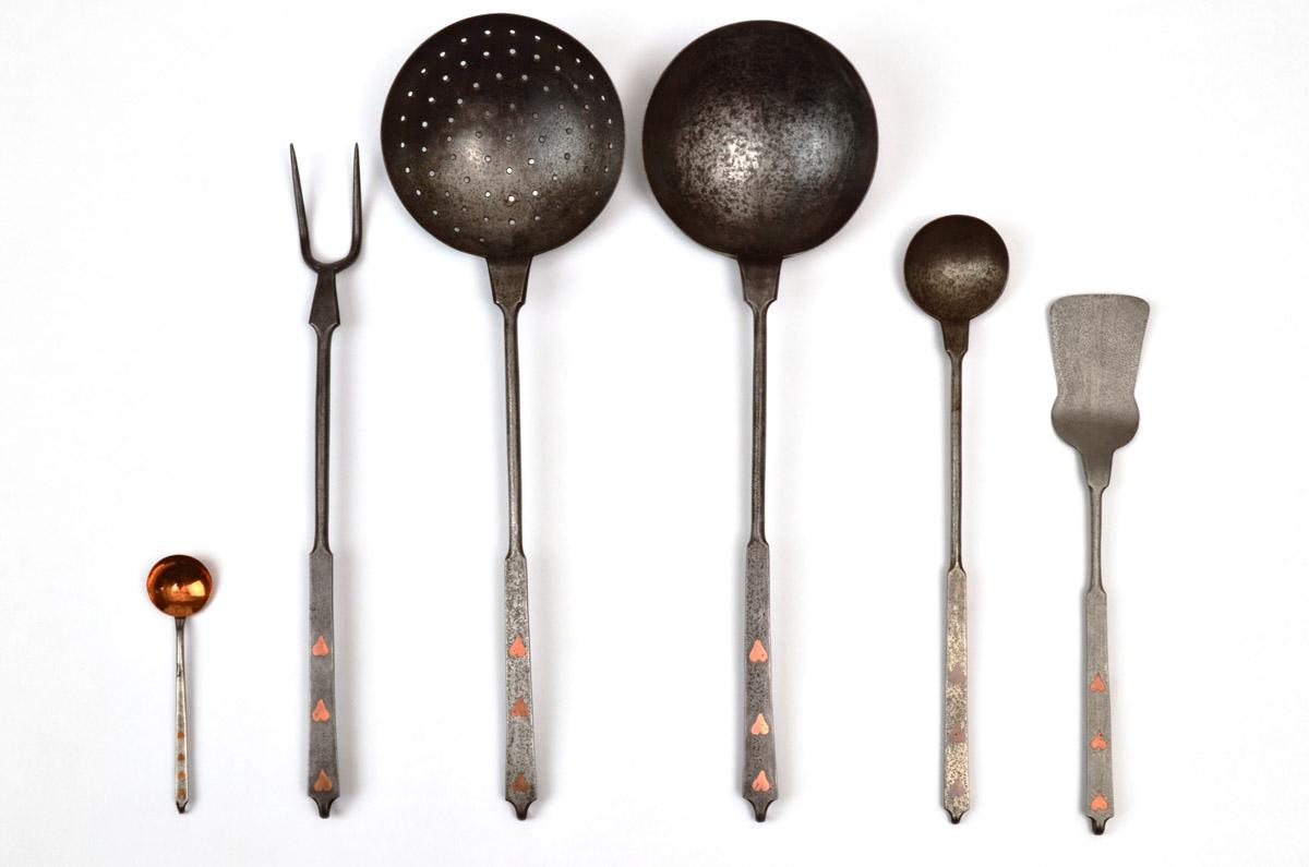 1958.2307 Spoon, 2009.0040.003 Fork, 1965.2481 Skimmer, 2009.0040.002 Ladle, 1965.2477 Ladle, 1965.1617 Spatula, view 1