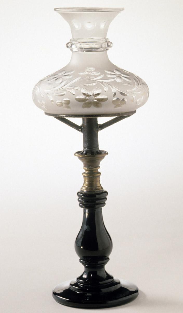 1952.0165 A, B Glass, brass, and iron astral lamp