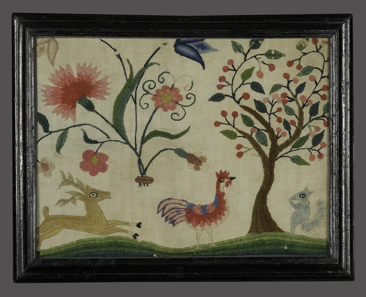 1965.3077 Crewelwork Picture and 1965.3078 Frame