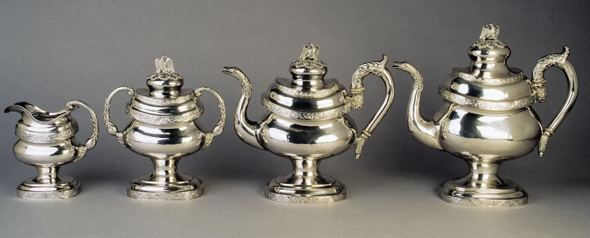 1966.0071.001, 1966.0071.002, 1966.0071.003 A, B, 1966.0071.004, Hot Water Pot, Teapot, Sugar Bowl, Cream Pot, view 2