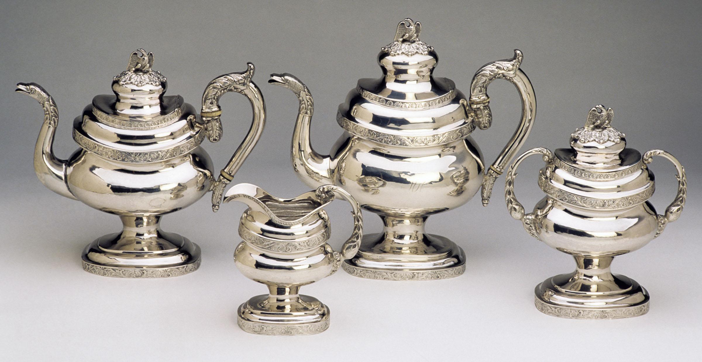 1966.0071.001, 1966.0071.002, 1966.0071.003 A, B, 1966.0071.004, Hot Water Pot, Teapot, Sugar Bowl, Cream Pot, view 1