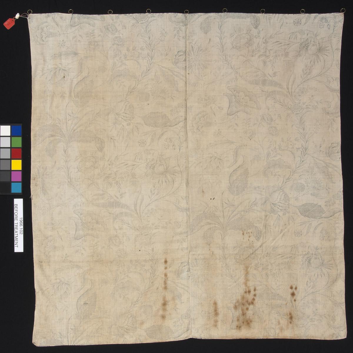 1966.0102 Textile, printed, reverse, before conservation treatment
