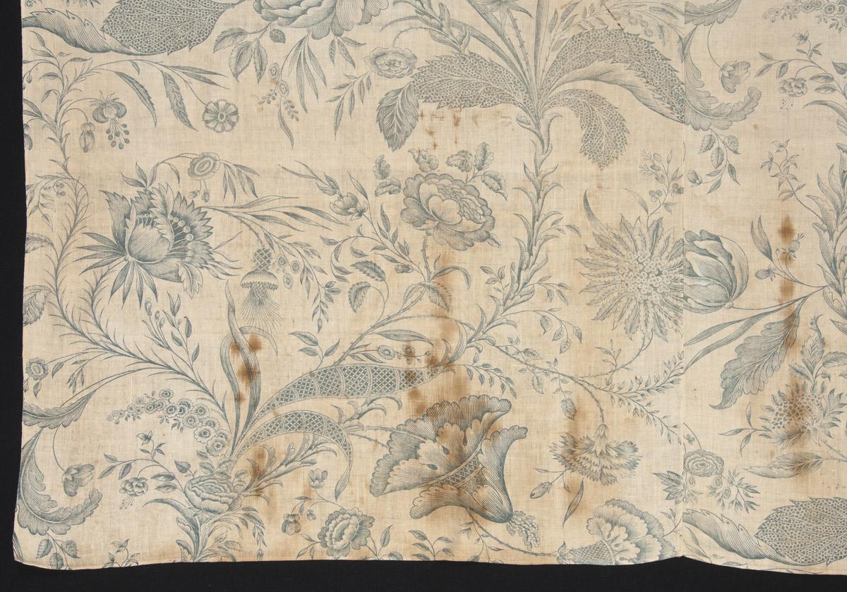 1966.0102 Textile, printed, detail 2,  before conservation treatment
