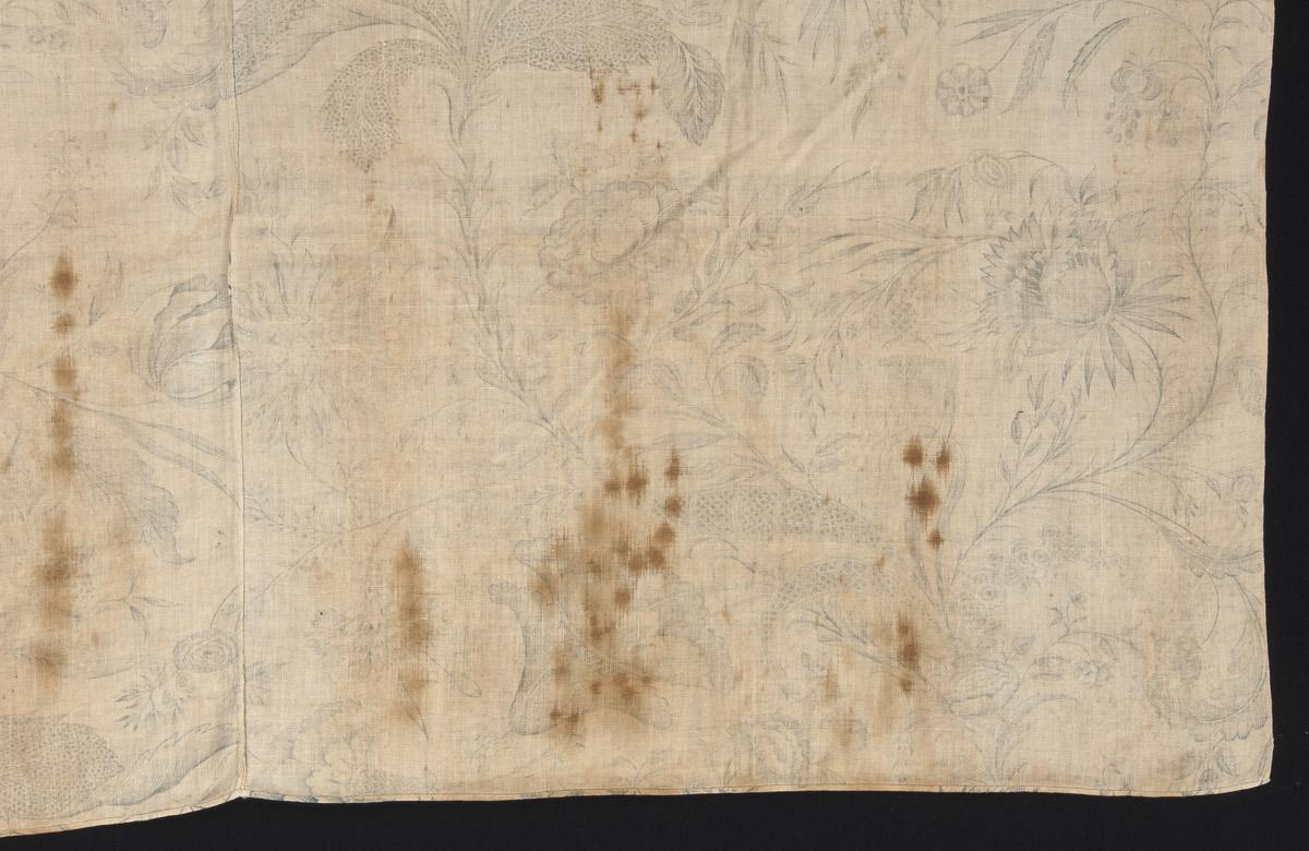 1966.0102 Textile, printed, reverse, detail 3,  before conservation treatment