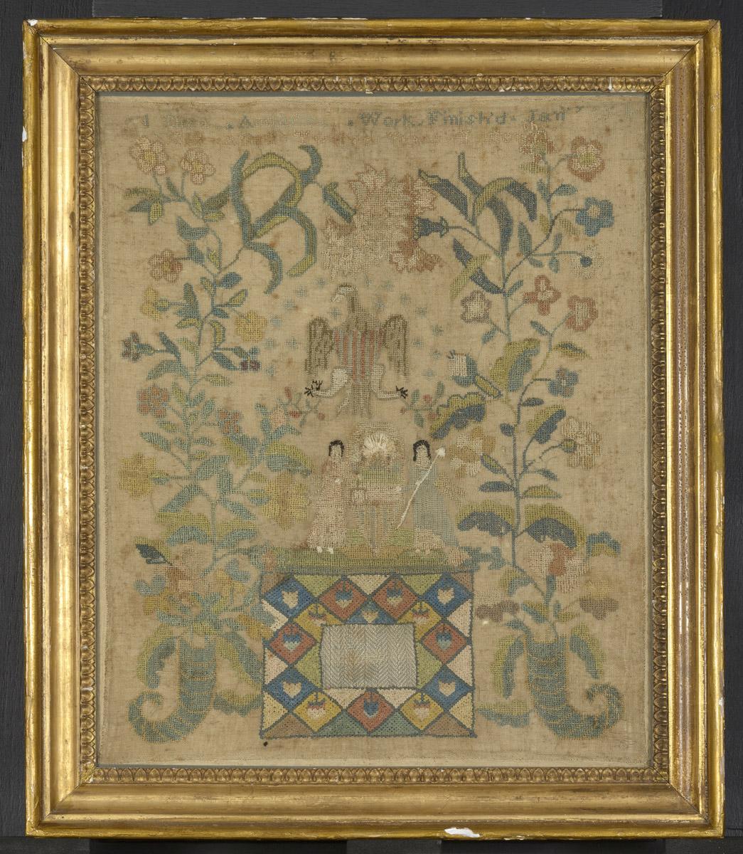 1958.0010.001 Needlework picture, 1956.0077.002 Frame, view 1