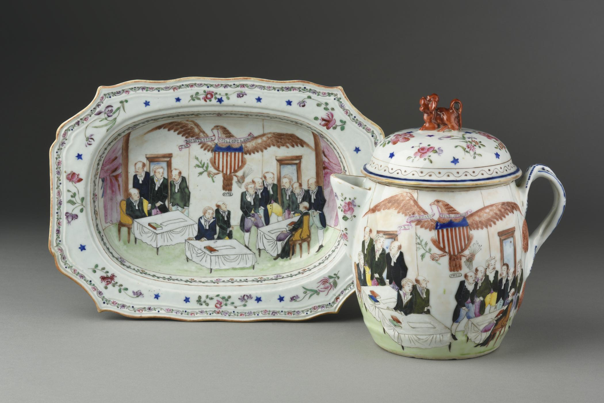 1966.0660 Dish, 1966.0675 A, B Teapot, view 1
