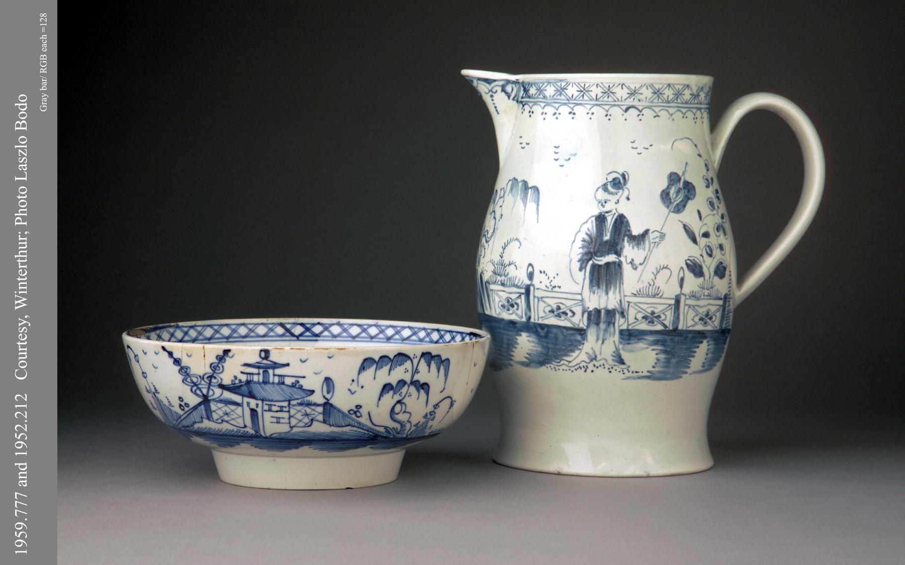 1959.0777, 1952.0212 Pearlware punch bowl and jug