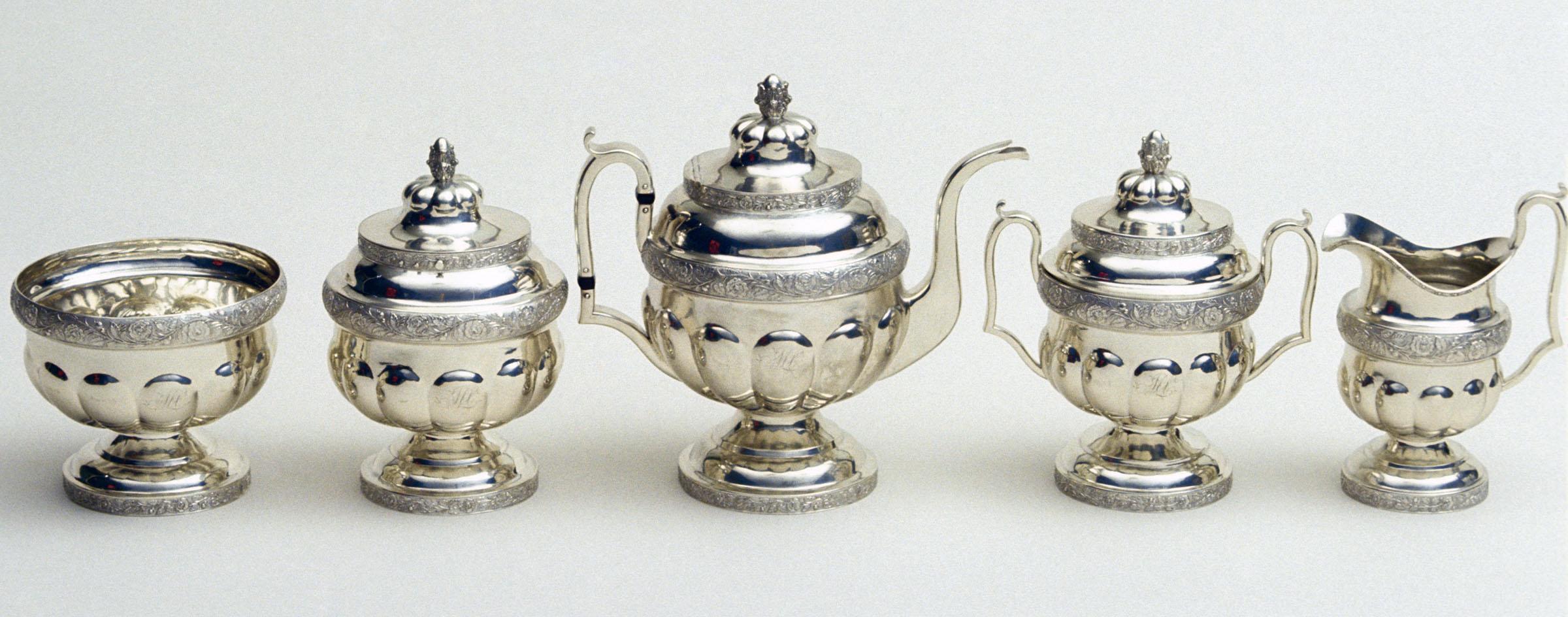 1967.0103.001, 1967.0103.002, 1967.0103.003 A, B, 1967.0103.004, 1967.0103.005, Teapot, Tea Cannister, Sugar Bowl, Waste Bowl, Cream Pot, Cream Jug, view 1