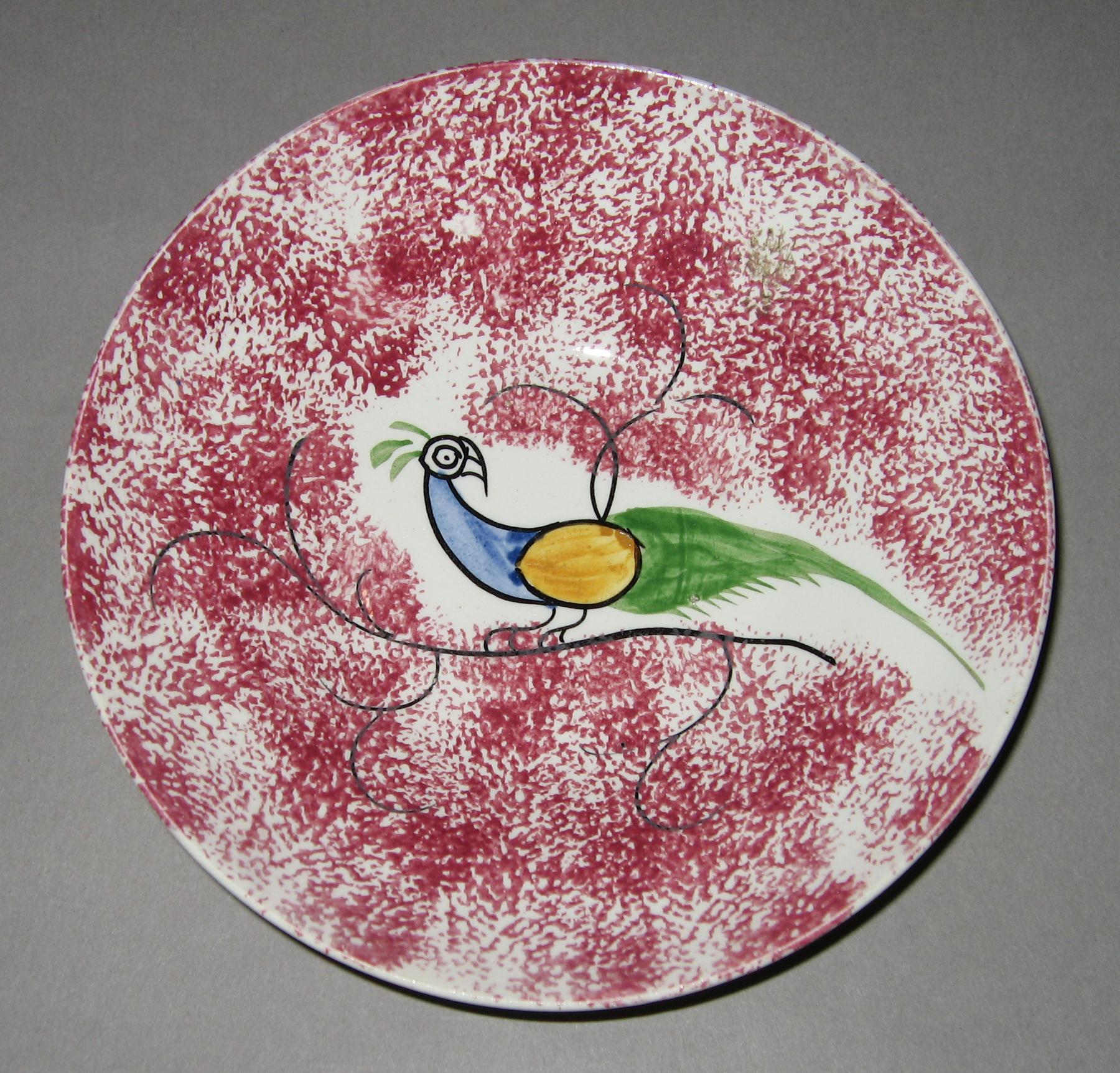 1967.0140 B Pink spatterware and peafowl saucer