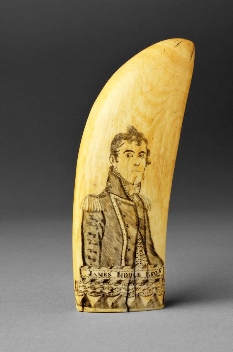 1967.0876 Whale tooth, Scrimshaw tooth