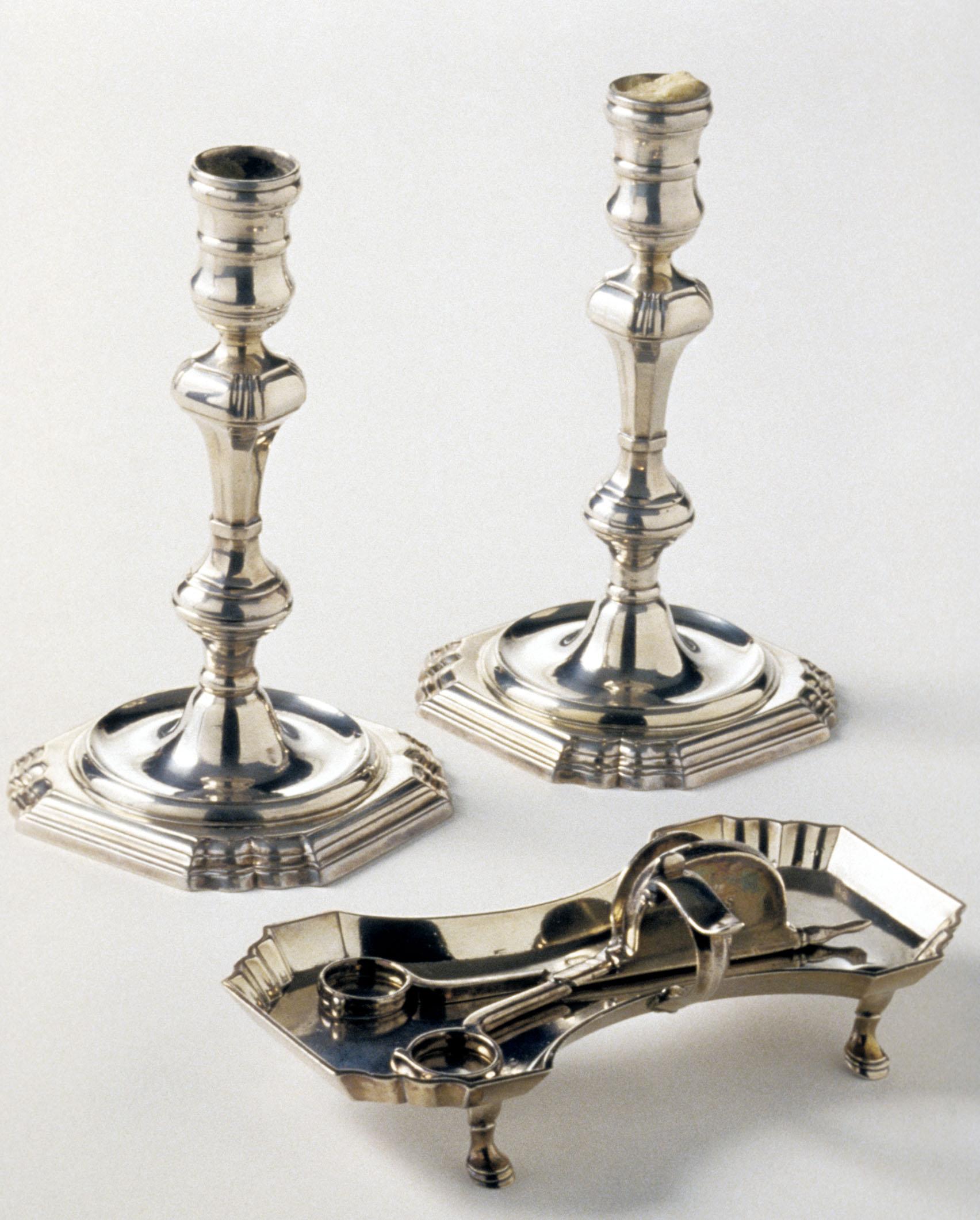 1967.1443.001, 1967.1443.002, 1967.1401 A, B Candlestick, Snuffer, Snuffer Tray, view 1