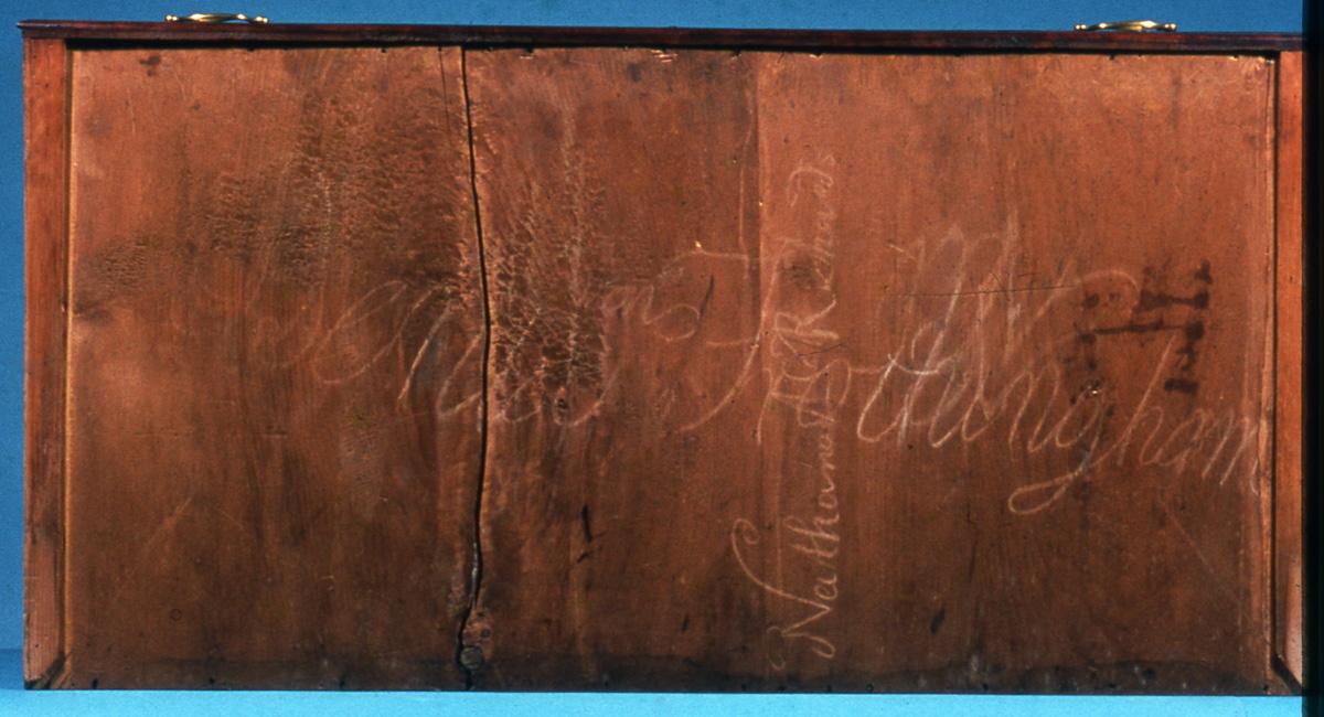 1967.1445 Chest, High chest (inscription on drawer)