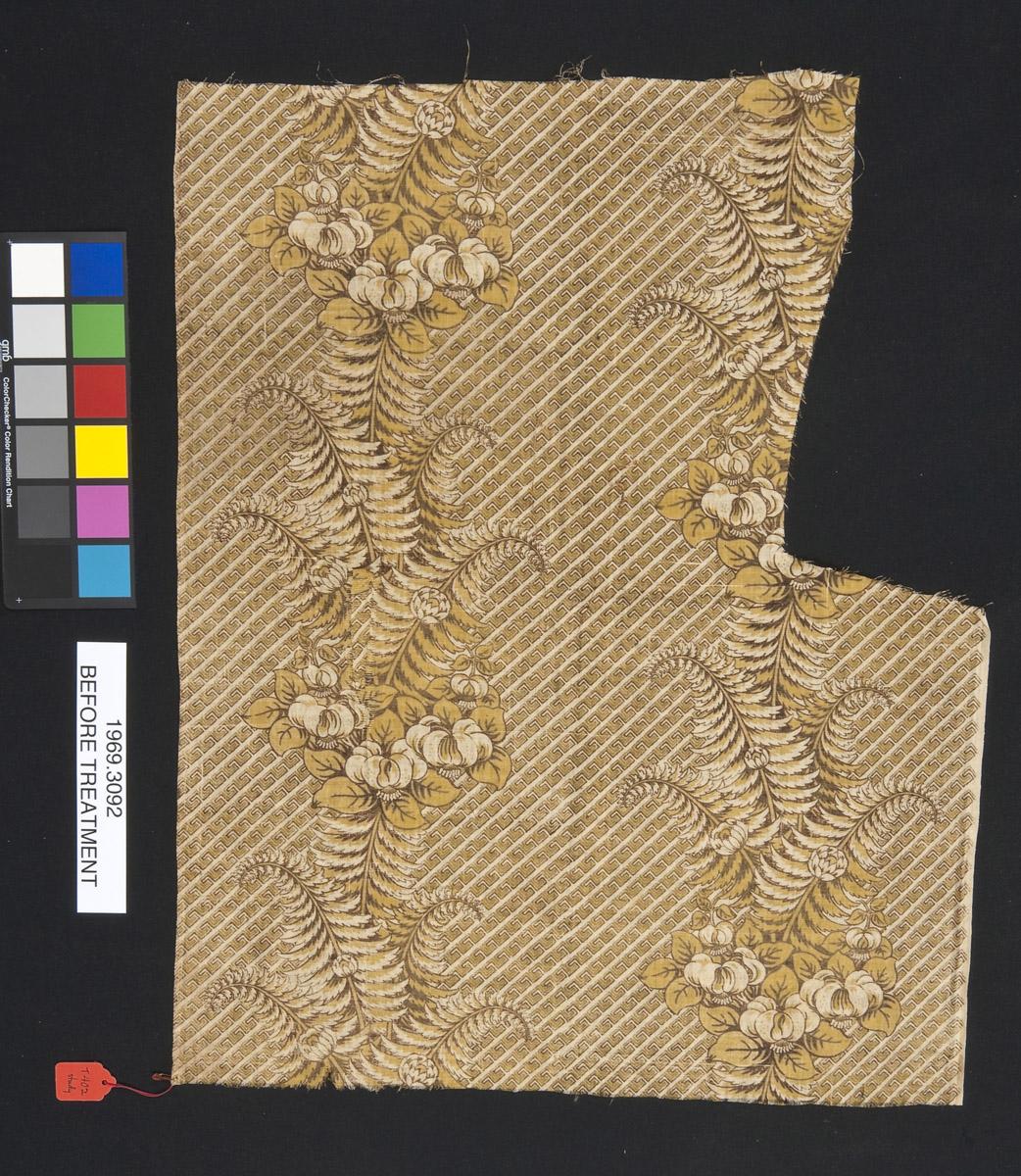 1969.3092 Textile, printed, reverse, before conservation treatment