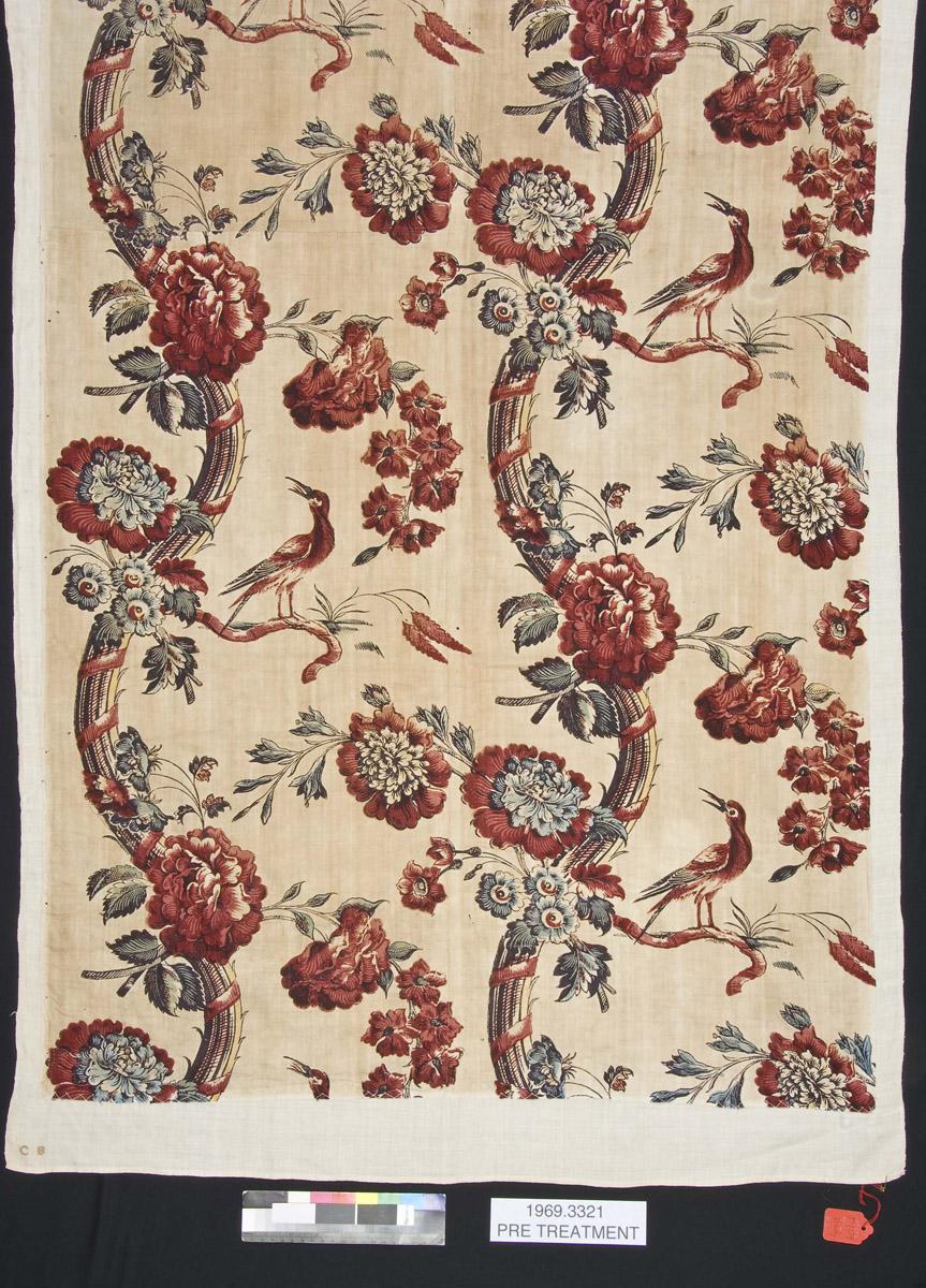 1969.3321 Textile, printed, detail, before conservation treatment