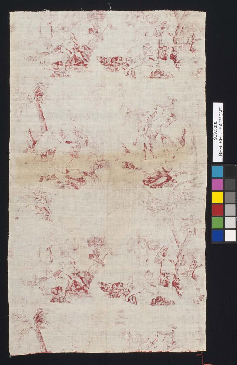 1969.3336 Textile, printed, reverse, before conservation treatment