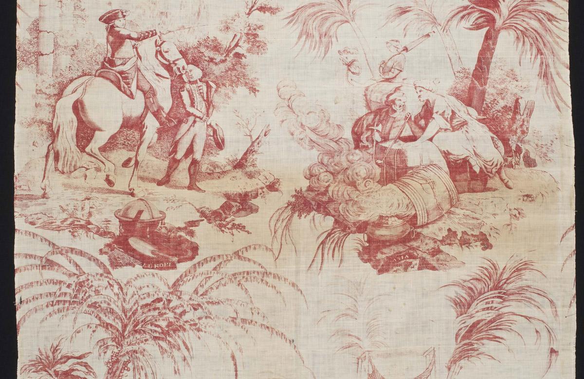 1969.3336 Textile, printed, detail 2, before conservation treatment