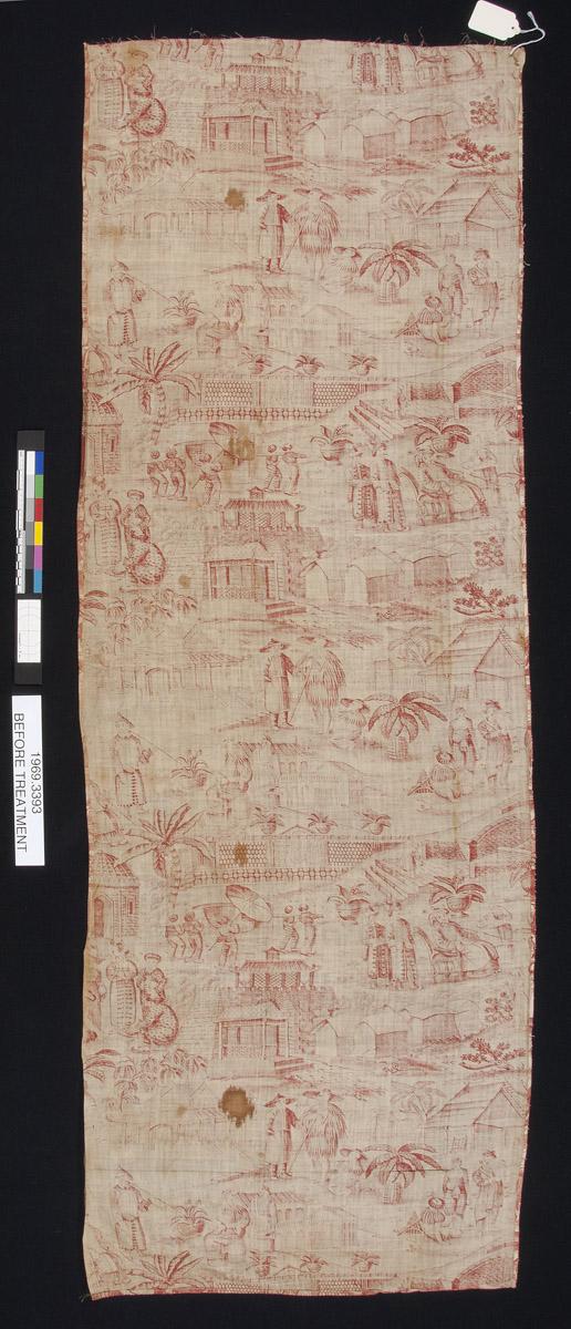 1969.3393 Textile, printed, reverse, before conservation treatment