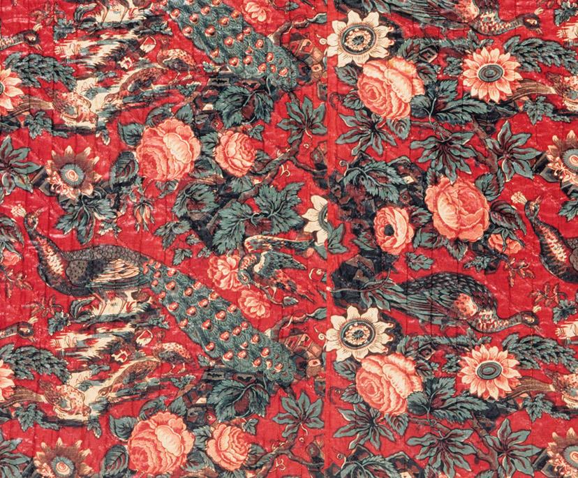 T84 textile, printed design repeat, red ground