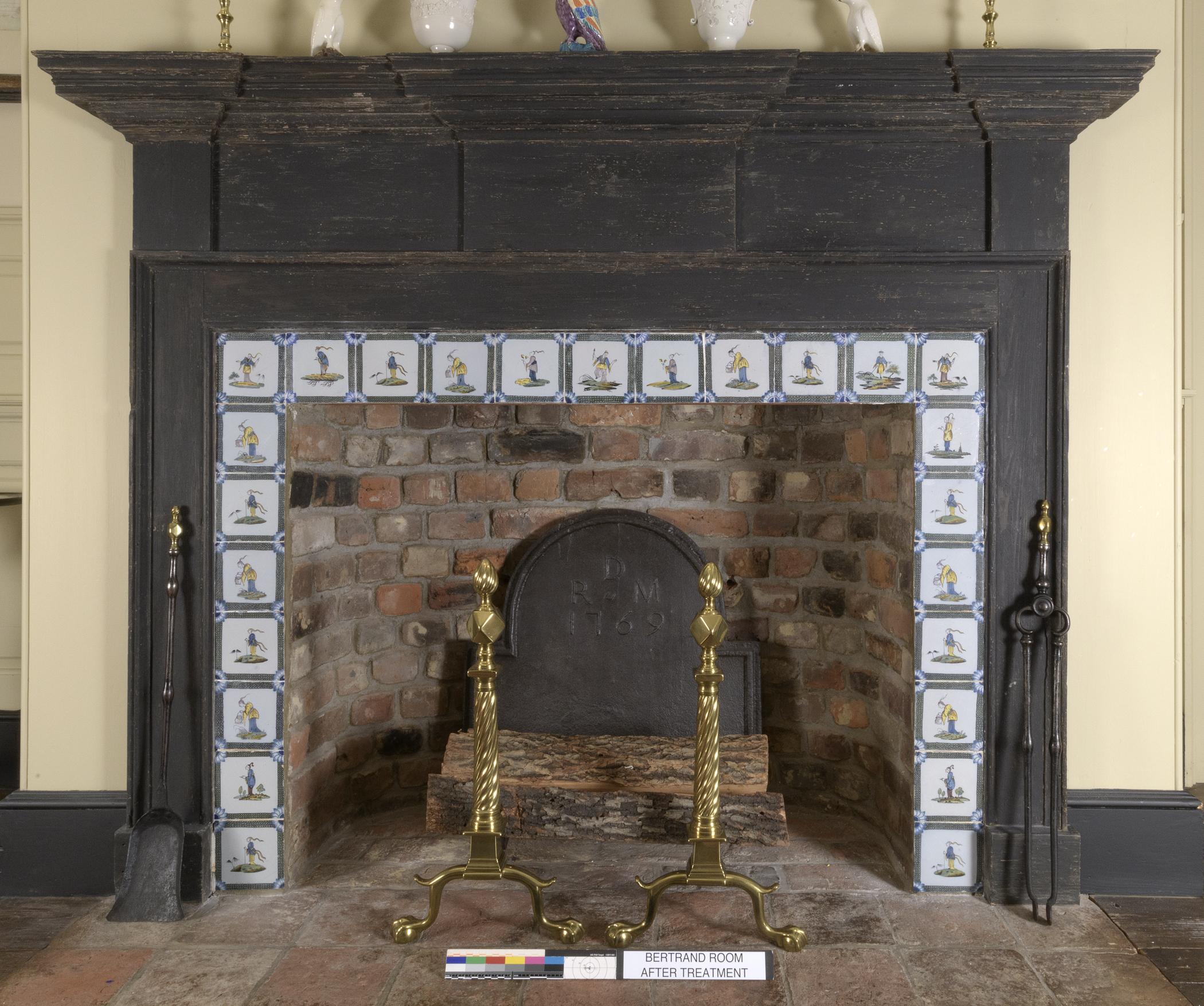 1969.4720.002 through 026 Tiles, Bertrand Room fireplace, after conservation treatment