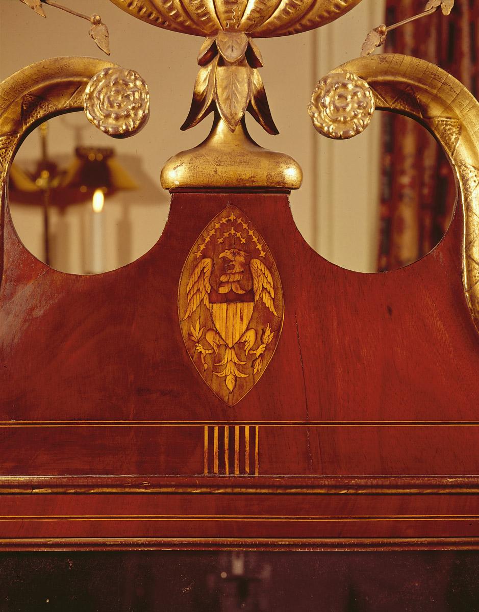 1957.0522 Looking glass, detail inlay on pediment