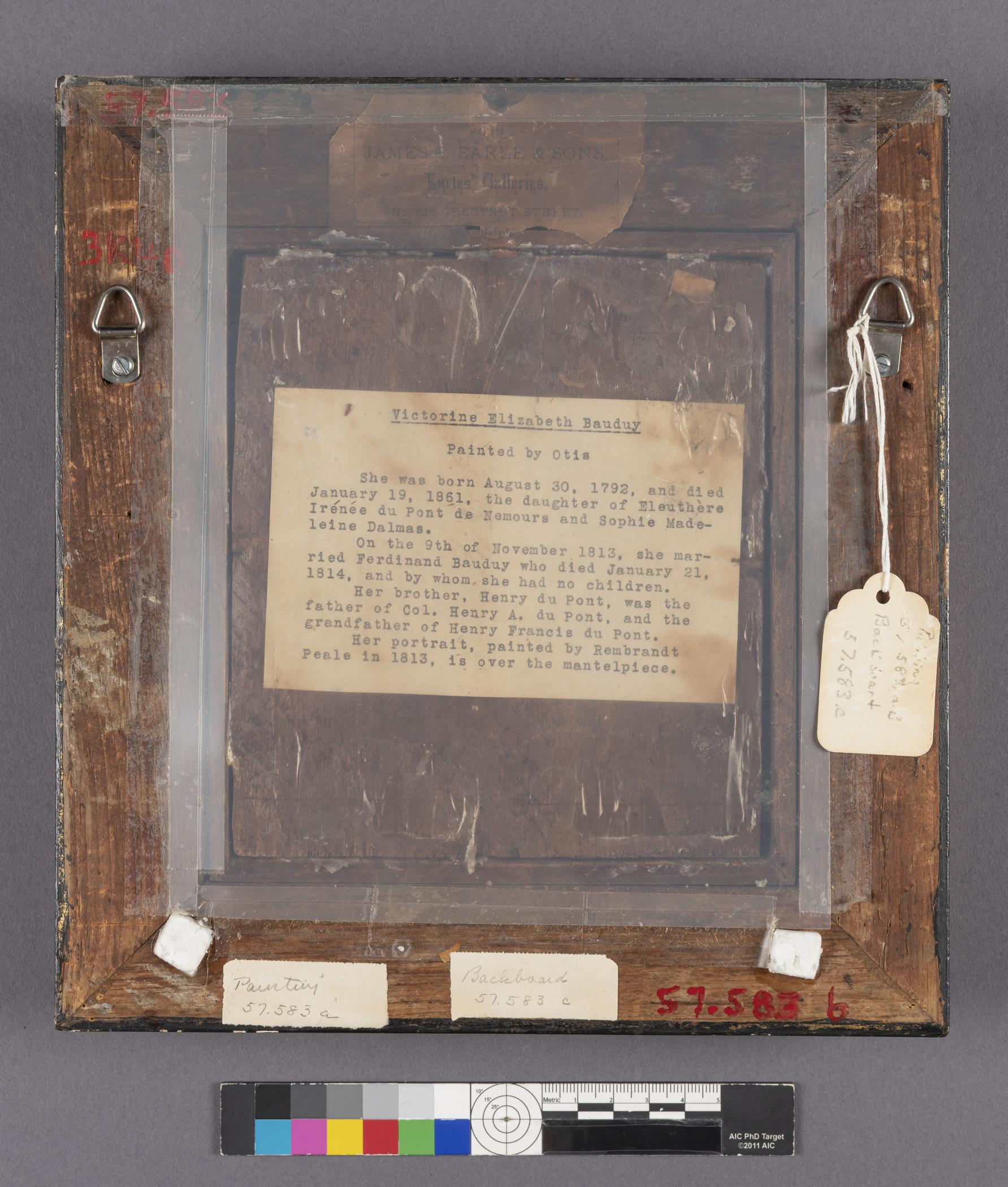 1957.0583 A Painting, B Frame, C Backboard, view 2, reverse