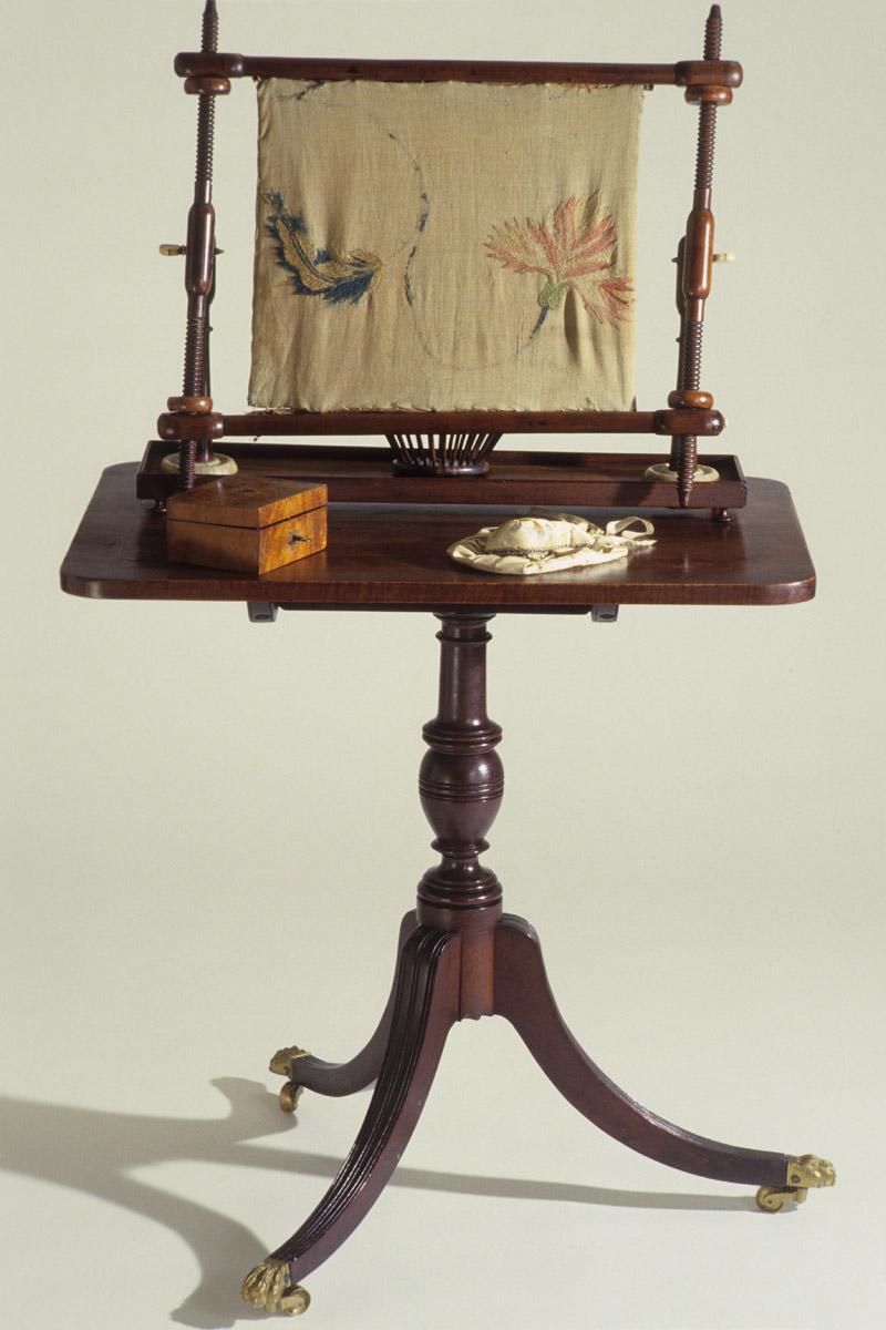 1957.0603 Table, 1958.2974 Stand, 1969.2038 Textile fragment, 1958.2942 Sewing case, 1959.0744 Sewing box