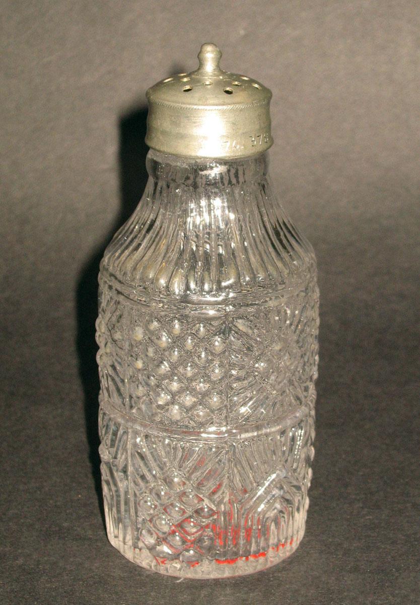 1970.0378 A, B Glass caster bottle with silver top