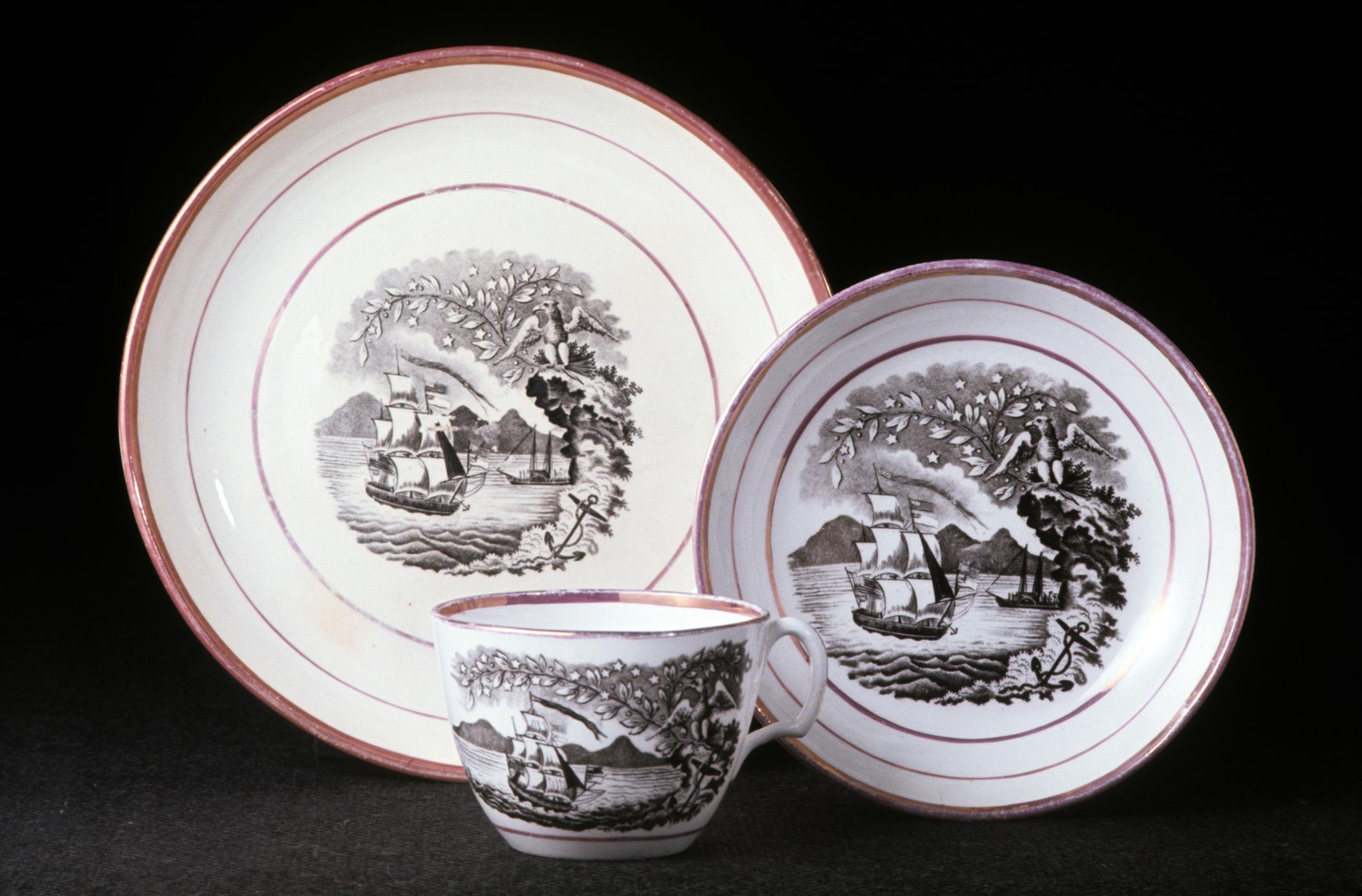 1970.0409 A, B; 1970.0410 Lusterware tea cup, saucer, cake plate