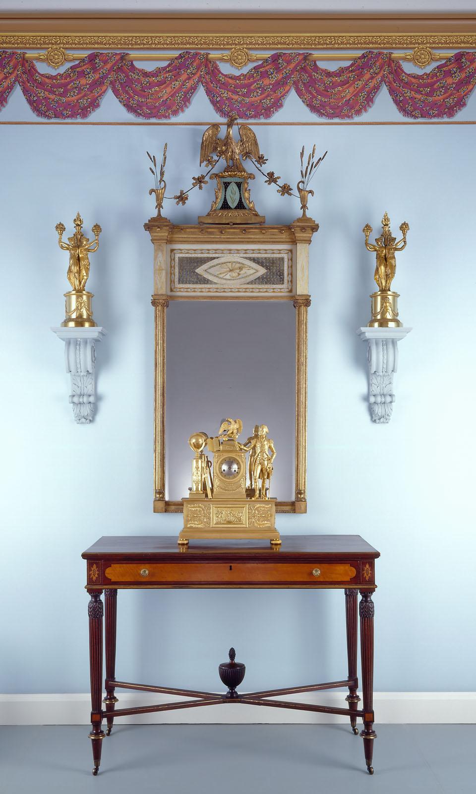 1957.0685 Table, 1957.0744 Clock, 1968.0110 Looking glass or mirror, 1961.1223.001-.002 Candelabrum