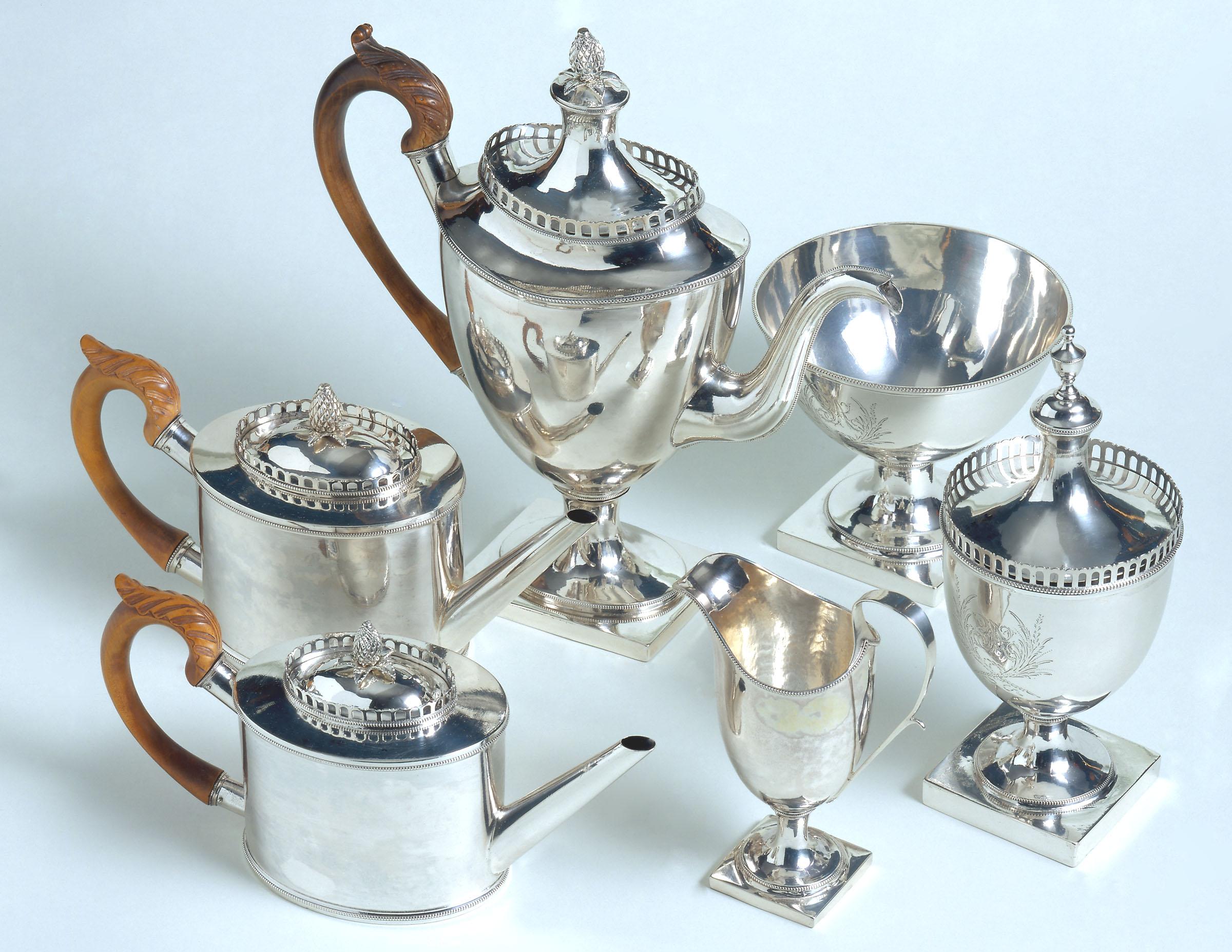 1957.0822 A, B, 1957.0823 A, B, 1957.0824, 1957.0825 A, B, 1957.0826, 1957.0827 A, B Teapot, Waste bowl, Coffee pot, Cream pot, Sugar bowl, Tea service, Coffee service