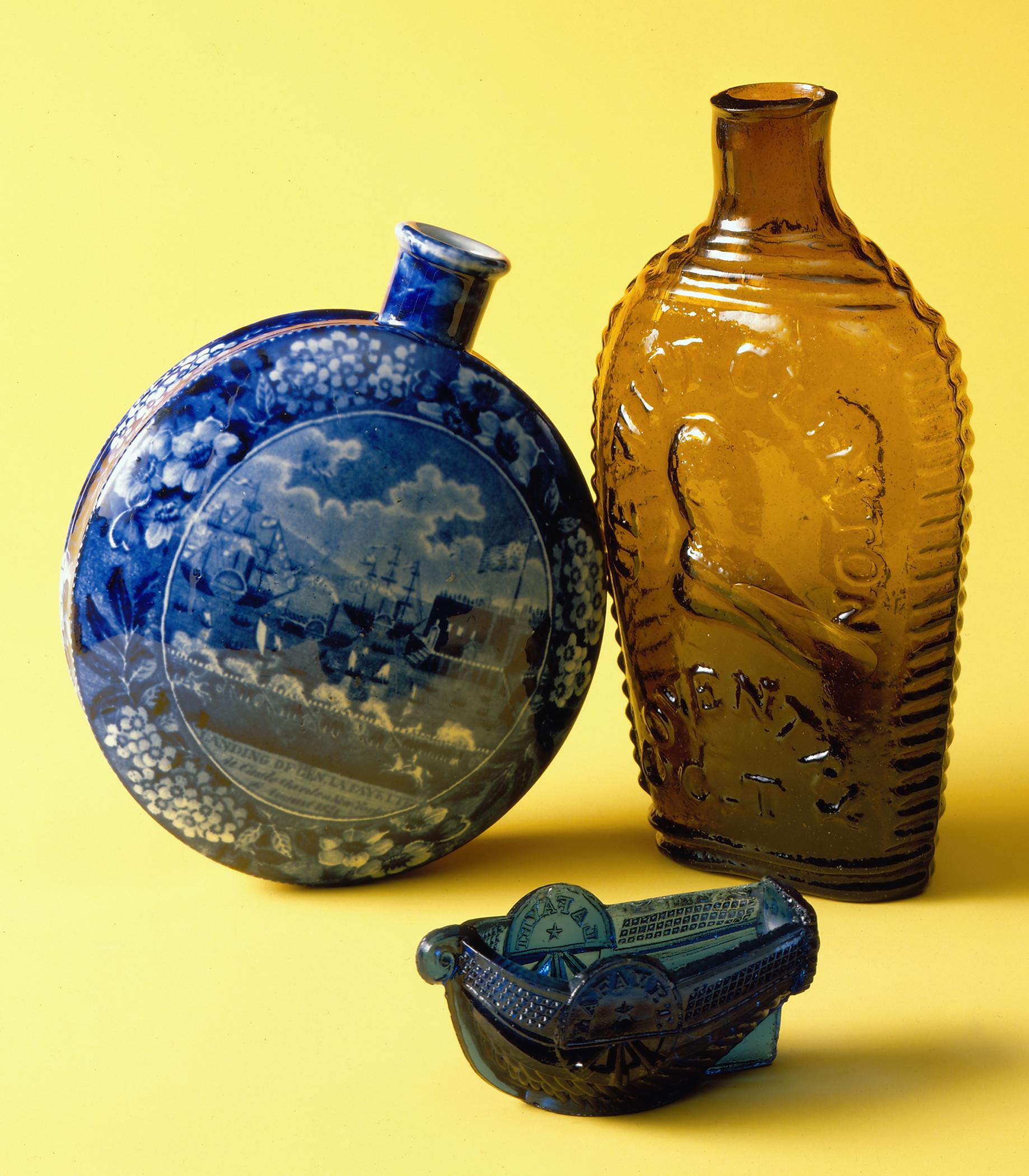 1958.1856 Pearlware flask, 1959.3072 glass salt, 1973.0405.002 glass flask